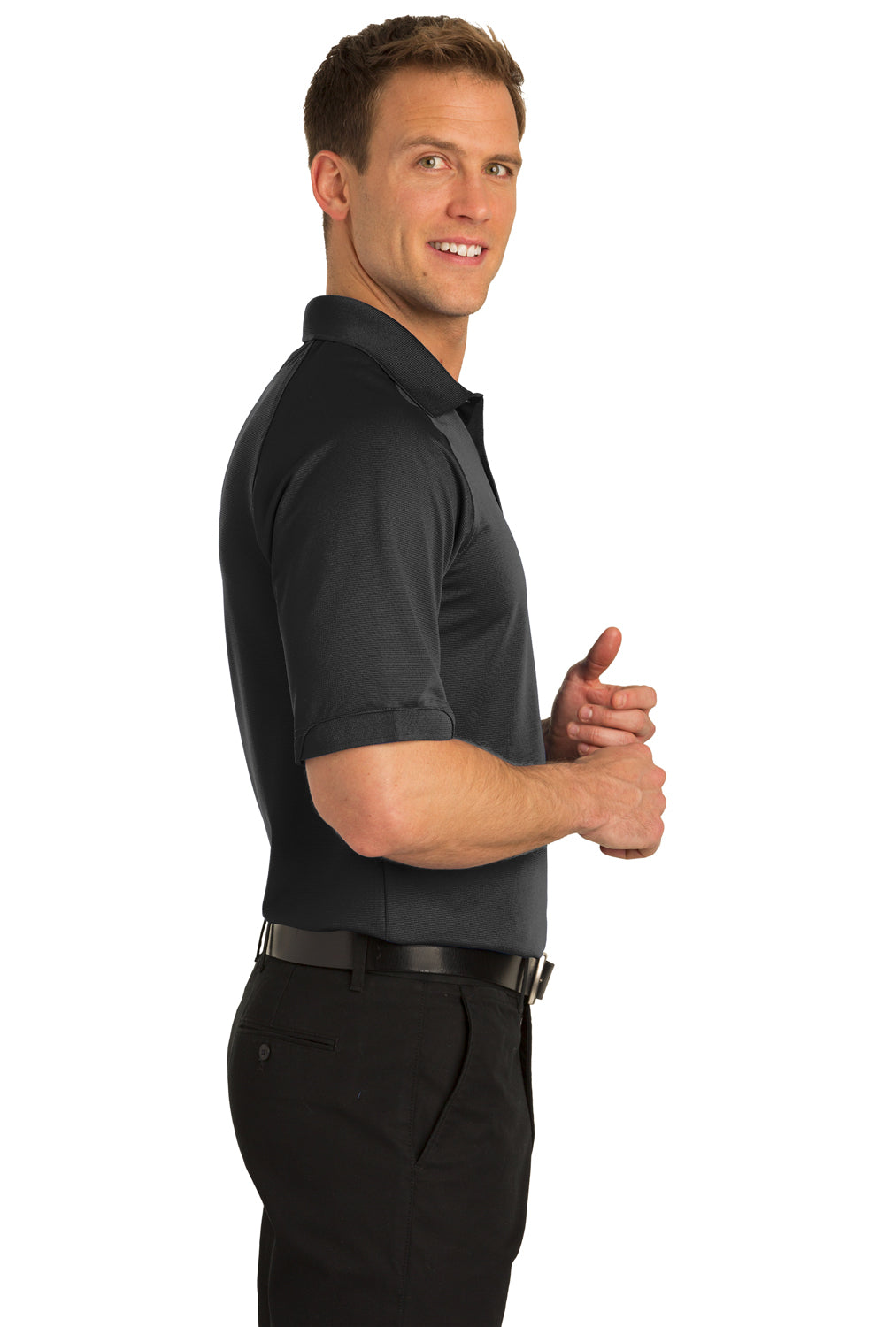 Port Authority K525/TLK525 Mens Dry Zone Moisture Wicking Short Sleeve Polo Shirt Black Model Side