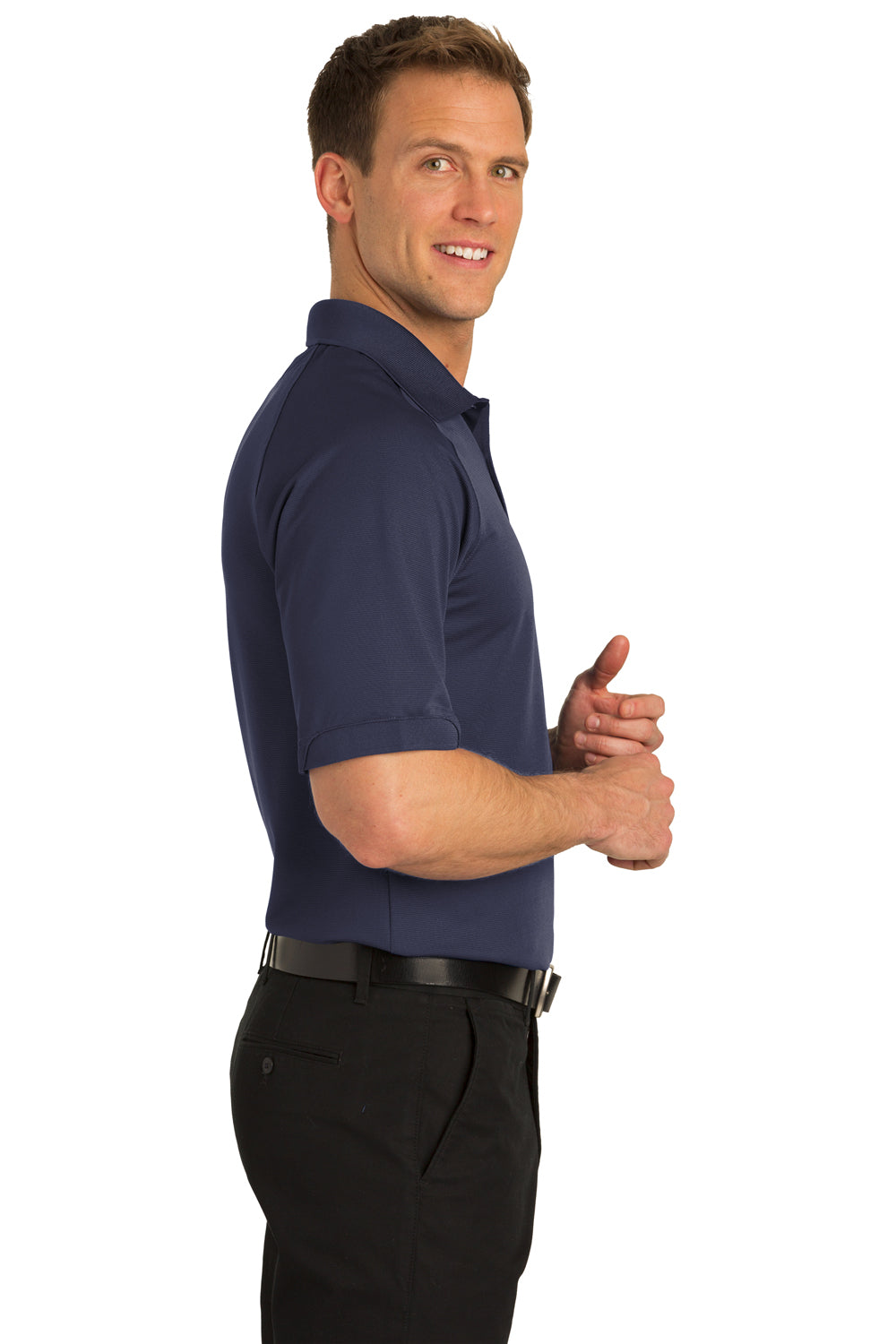 Port Authority K525/TLK525 Mens Dry Zone Moisture Wicking Short Sleeve Polo Shirt Navy Blue Model Side