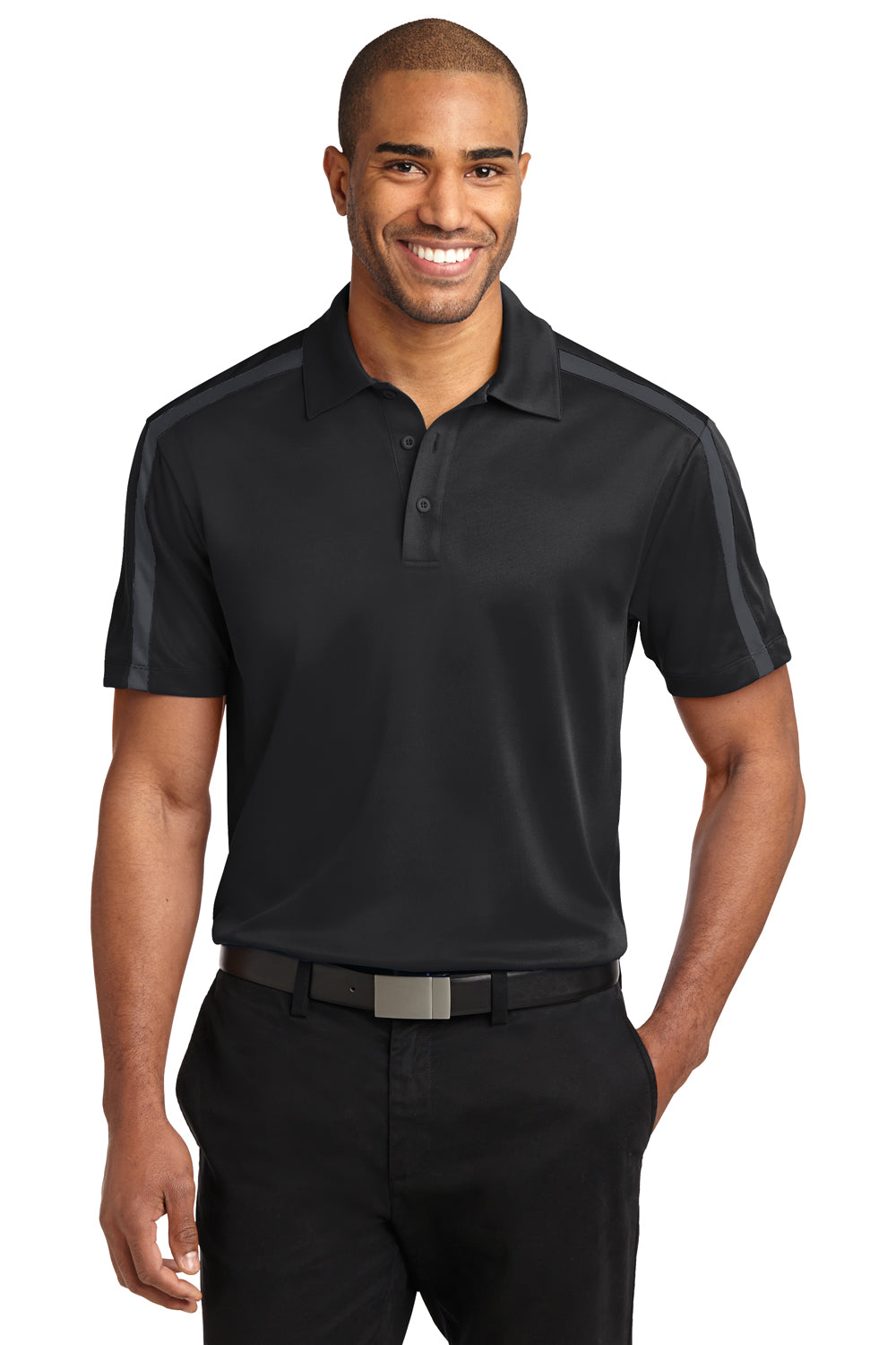 Port Authority K547 Mens Silk Touch Performance Moisture Wicking Short Sleeve Polo Shirt Black/Steel Grey Model Front