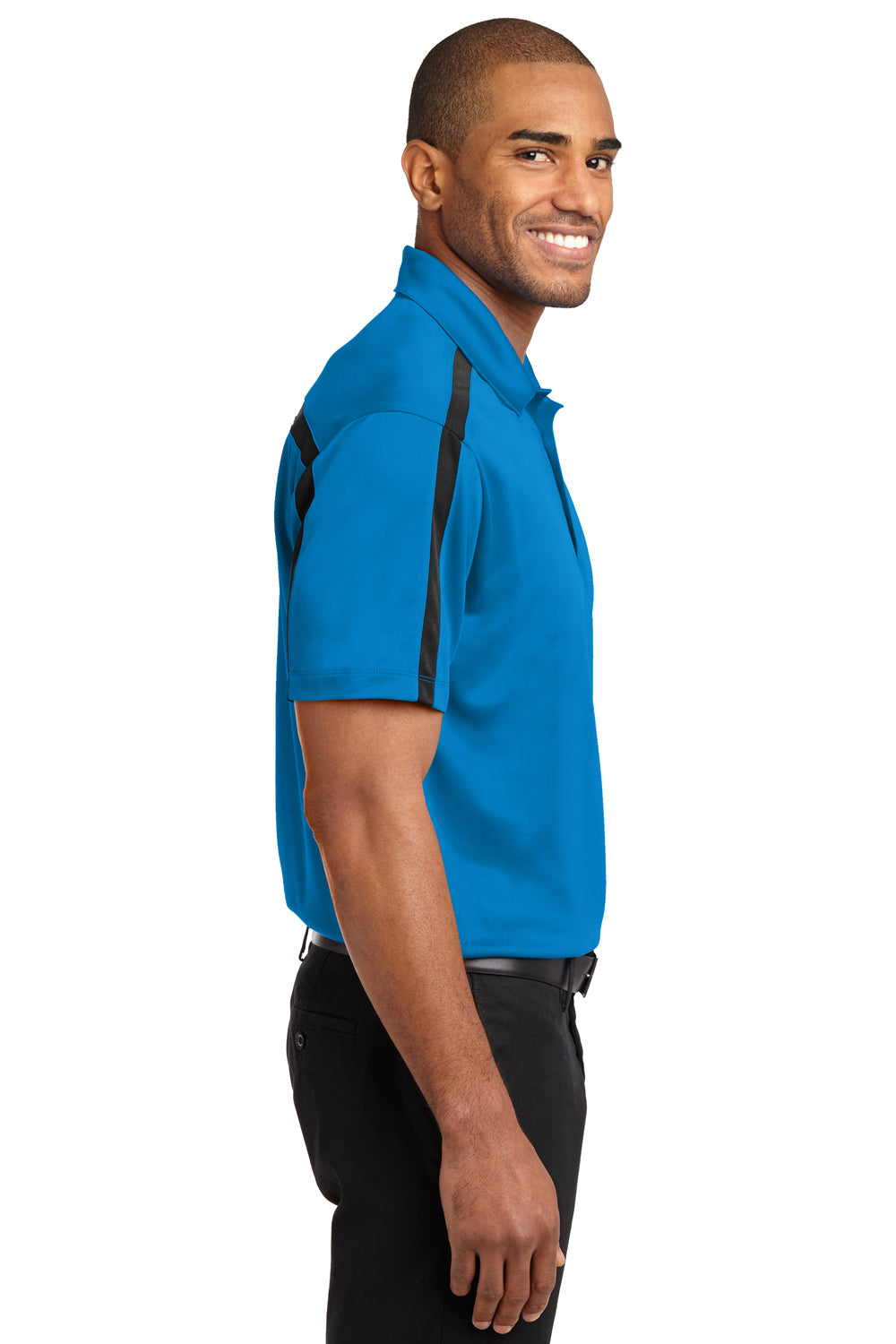 Port Authority K547 Mens Silk Touch Performance Moisture Wicking Short Sleeve Polo Shirt Brilliant Blue/Black Model Side