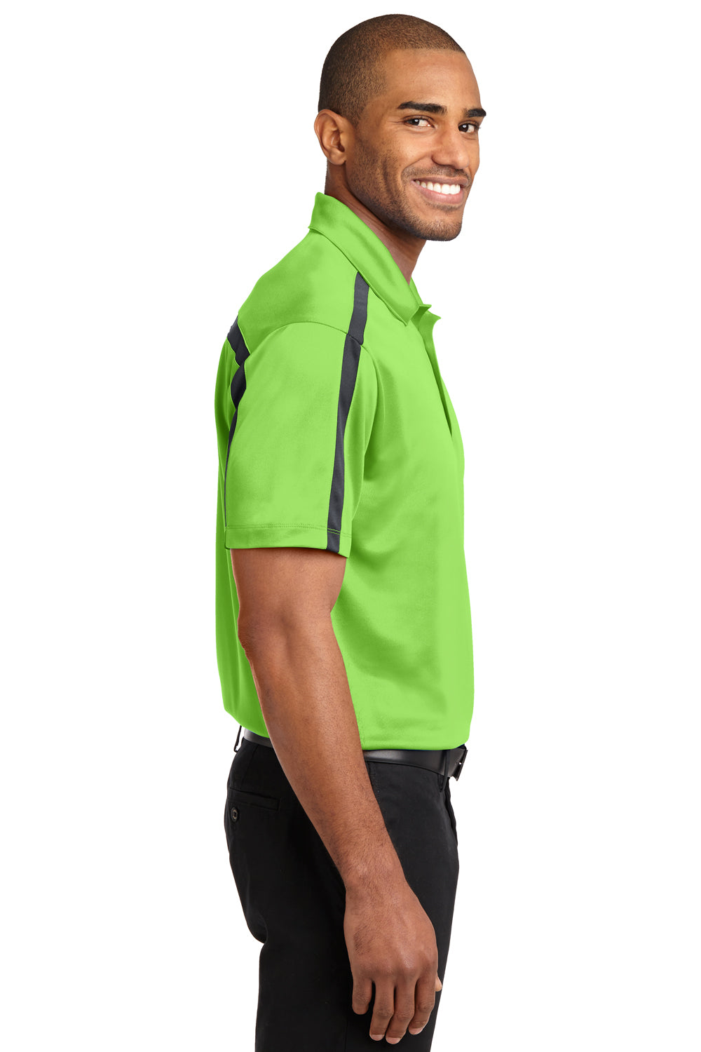 Port Authority K547 Mens Silk Touch Performance Moisture Wicking Short Sleeve Polo Shirt Lime Green/Steel Grey Model Side