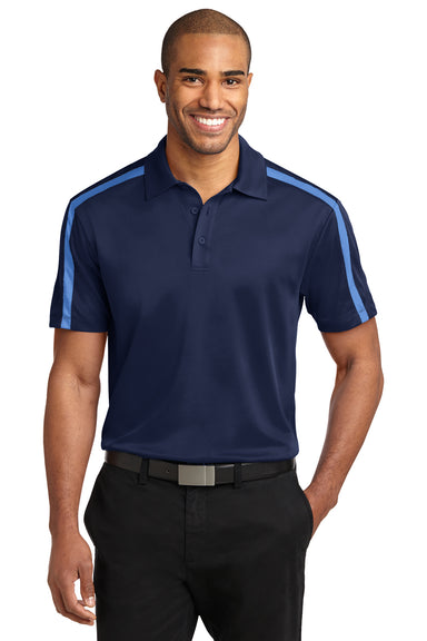 Port Authority K547 Mens Silk Touch Performance Moisture Wicking Short Sleeve Polo Shirt Navy Blue/Carolina Blue Model Front