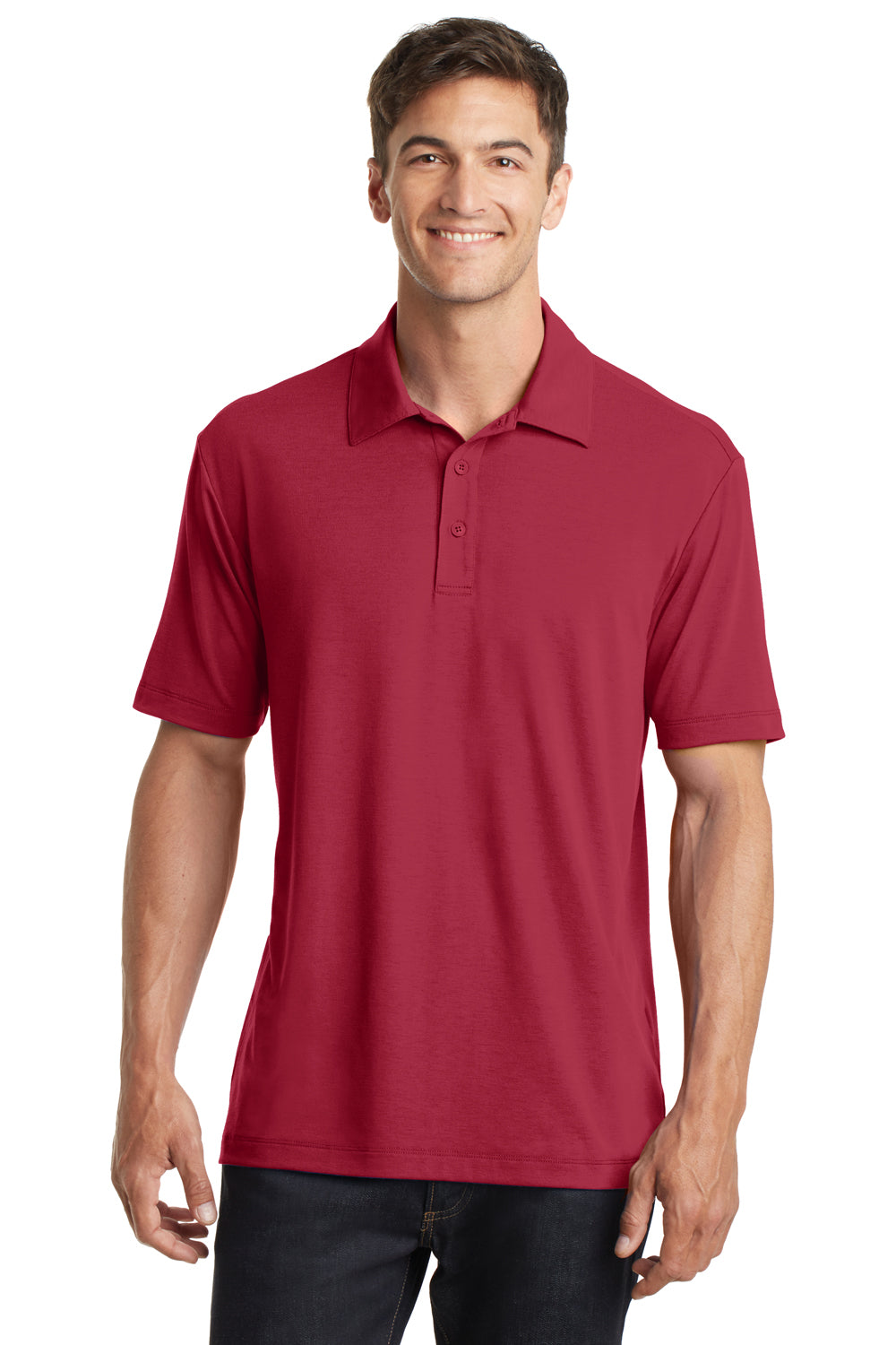 Port Authority K568 Mens Cotton Touch Performance Moisture Wicking Short Sleeve Polo Shirt Chili Red Model Front