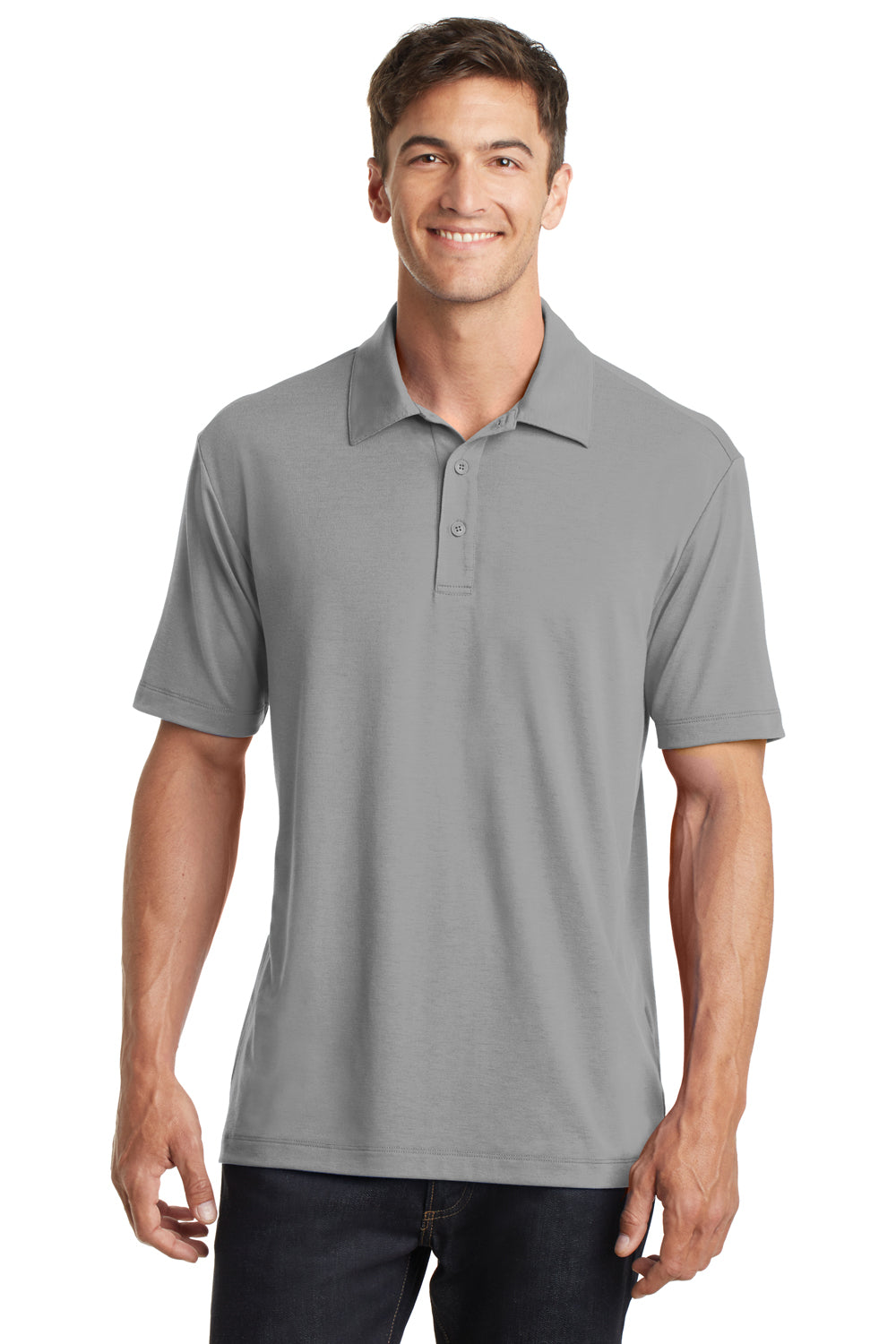 Port Authority K568 Mens Cotton Touch Performance Moisture Wicking Short Sleeve Polo Shirt Frost Grey Model Front