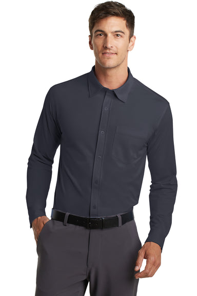 Port Authority K570 Mens Dimension Moisture Wicking Long Sleeve Button Down Shirt w/ Pocket Battleship Grey Model Front