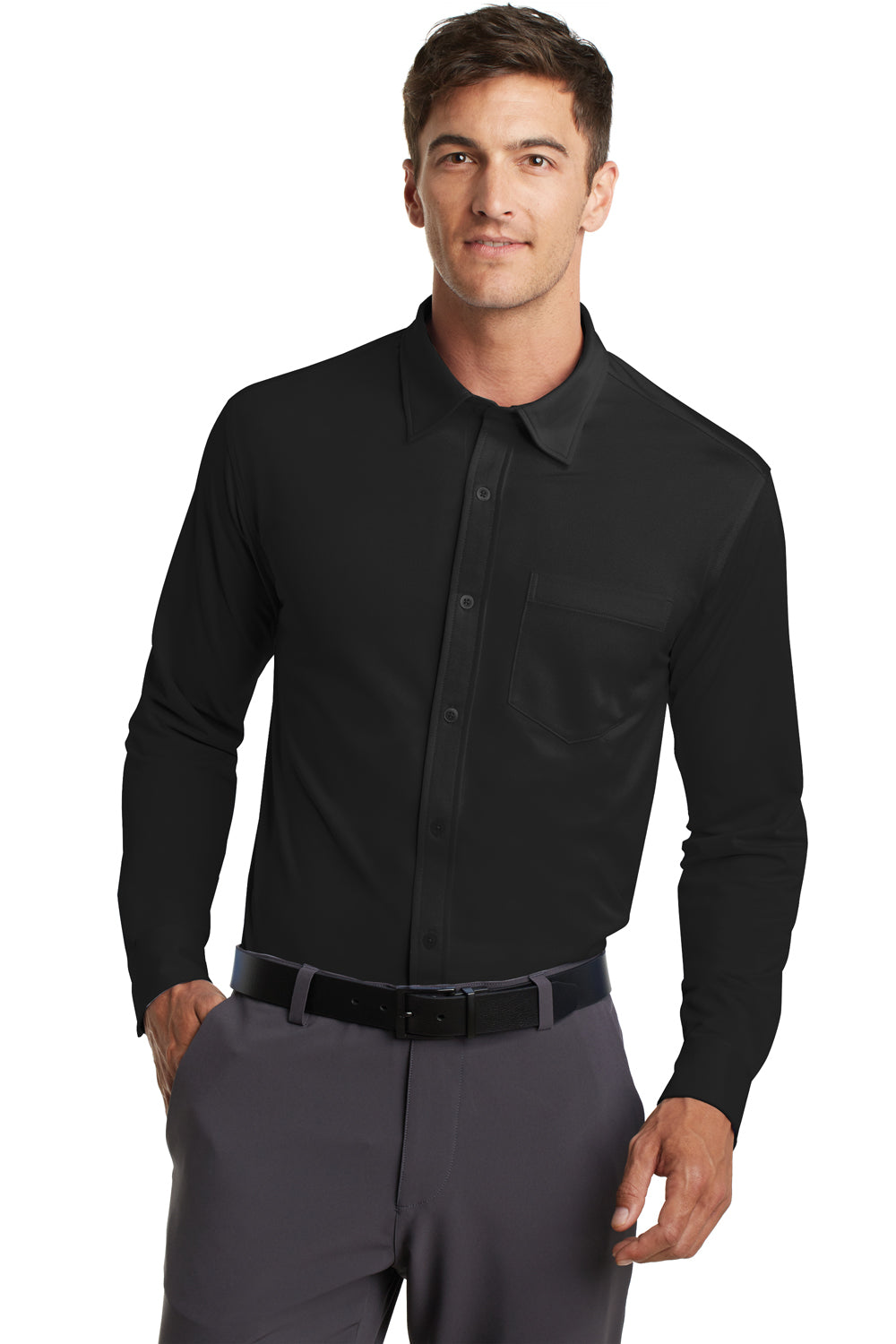 Port Authority K570 Mens Dimension Moisture Wicking Long Sleeve Button Down Shirt w/ Pocket Black Model Front