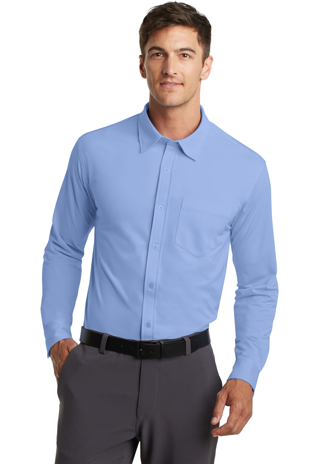 Port Authority K570 Mens Dimension Moisture Wicking Long Sleeve Button Down Shirt w/ Pocket Dress Shirt Blue Model Front