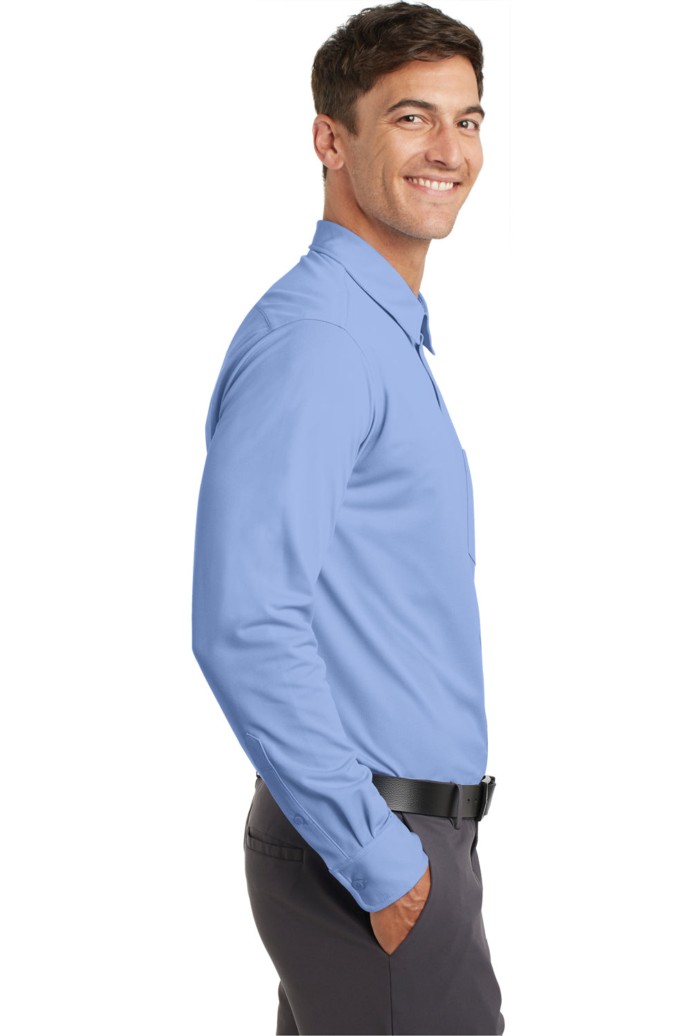 Port Authority K570 Mens Dimension Moisture Wicking Long Sleeve Button Down Shirt w/ Pocket Dress Shirt Blue Model Side