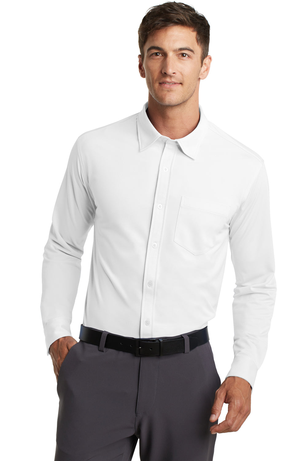 Port Authority K570 Mens Dimension Moisture Wicking Long Sleeve Button Down Shirt w/ Pocket White Model Front