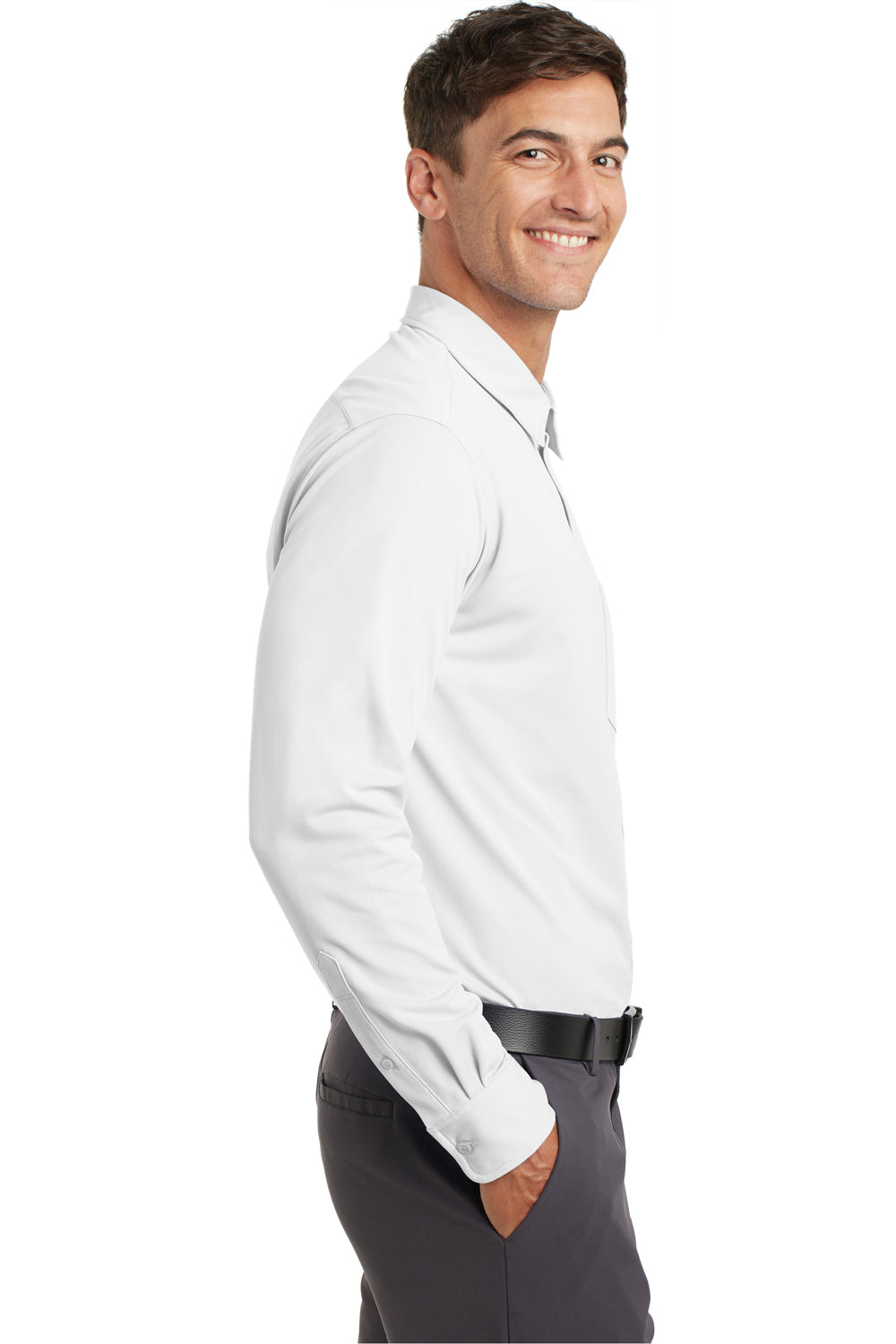 Port Authority K570 Mens Dimension Moisture Wicking Long Sleeve Button Down Shirt w/ Pocket White Model Side