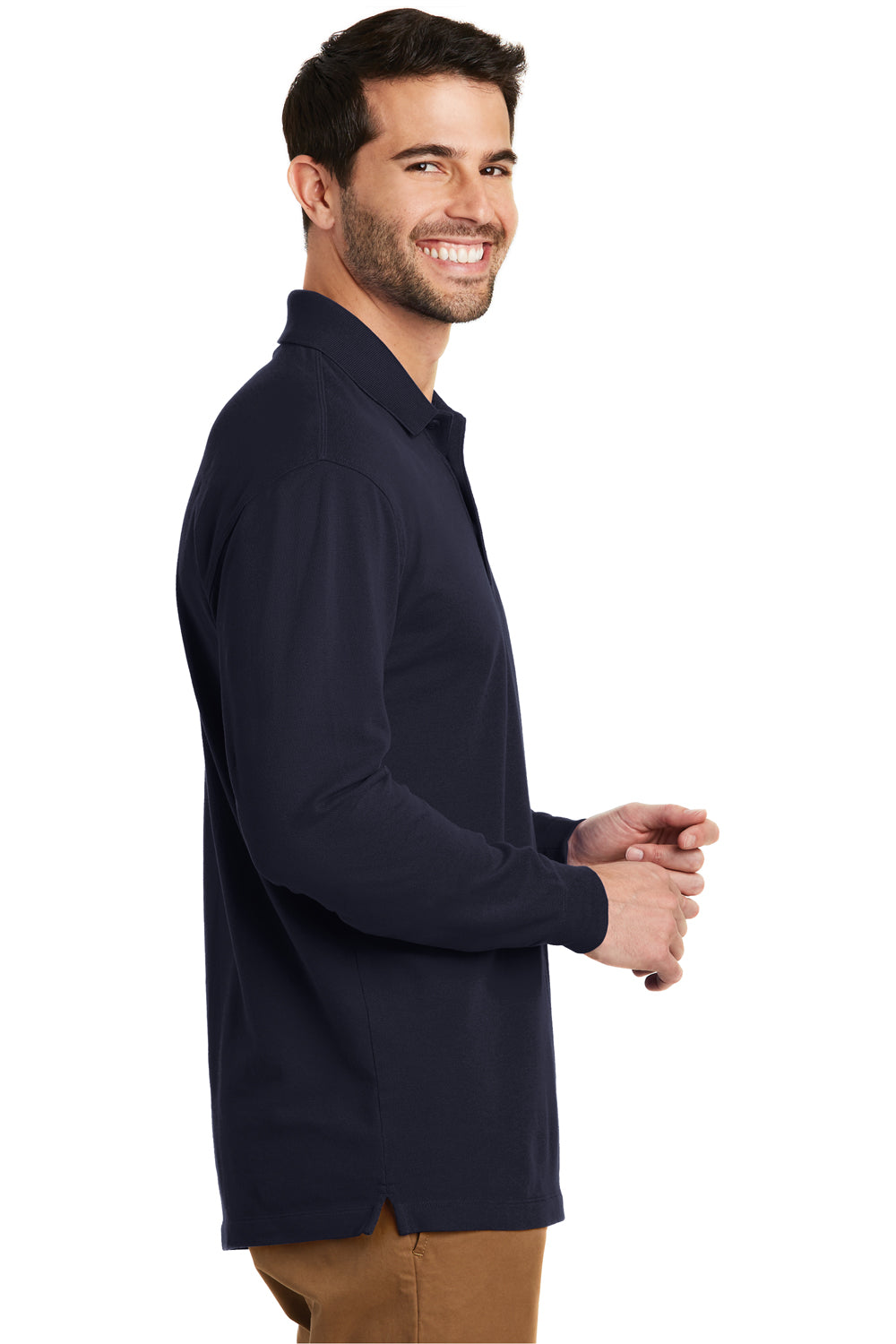 Port Authority K8000LS Mens Wrinkle Resistant Long Sleeve Polo Shirt Navy Blue Model Side