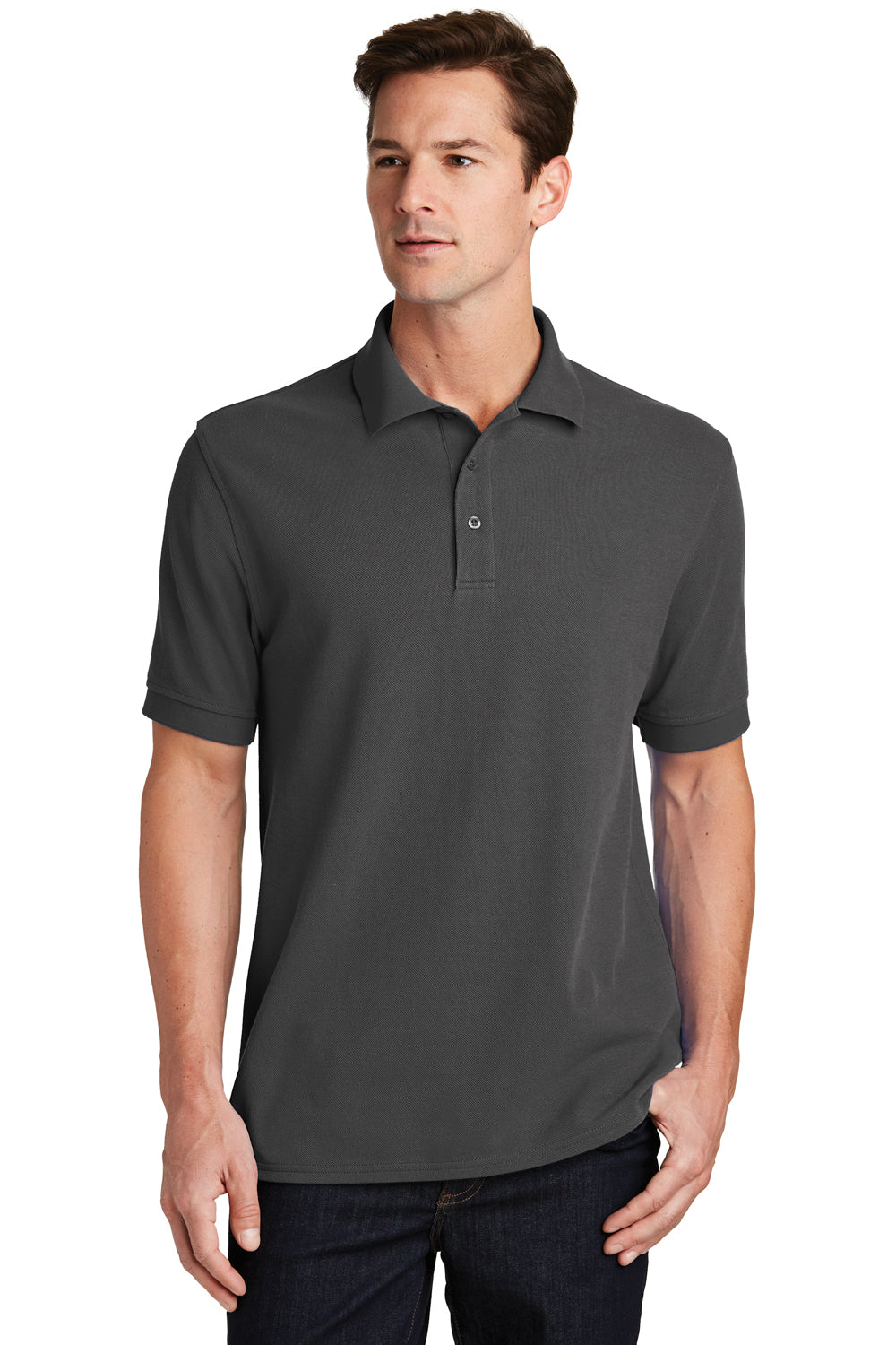 Port & Company KP1500 Mens Stain Resistant Short Sleeve Polo Shirt Charcoal Grey Model Front