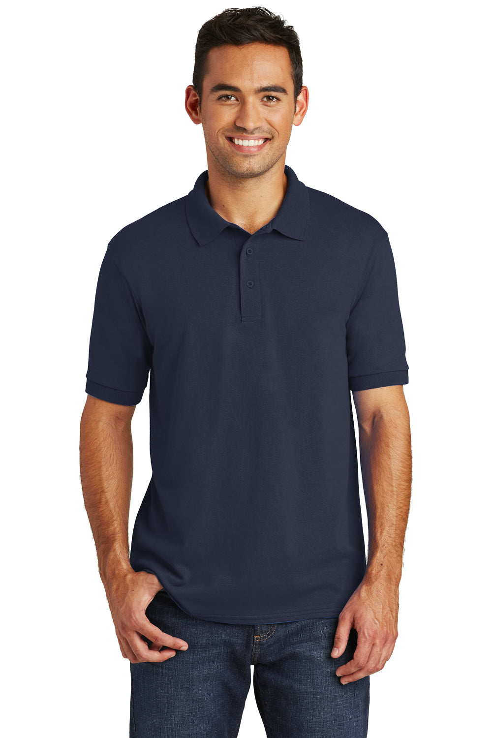 Port & Company KP55/KP55T Mens Core Stain Resistant Short Sleeve Polo Shirt Deep Navy Blue Model Front