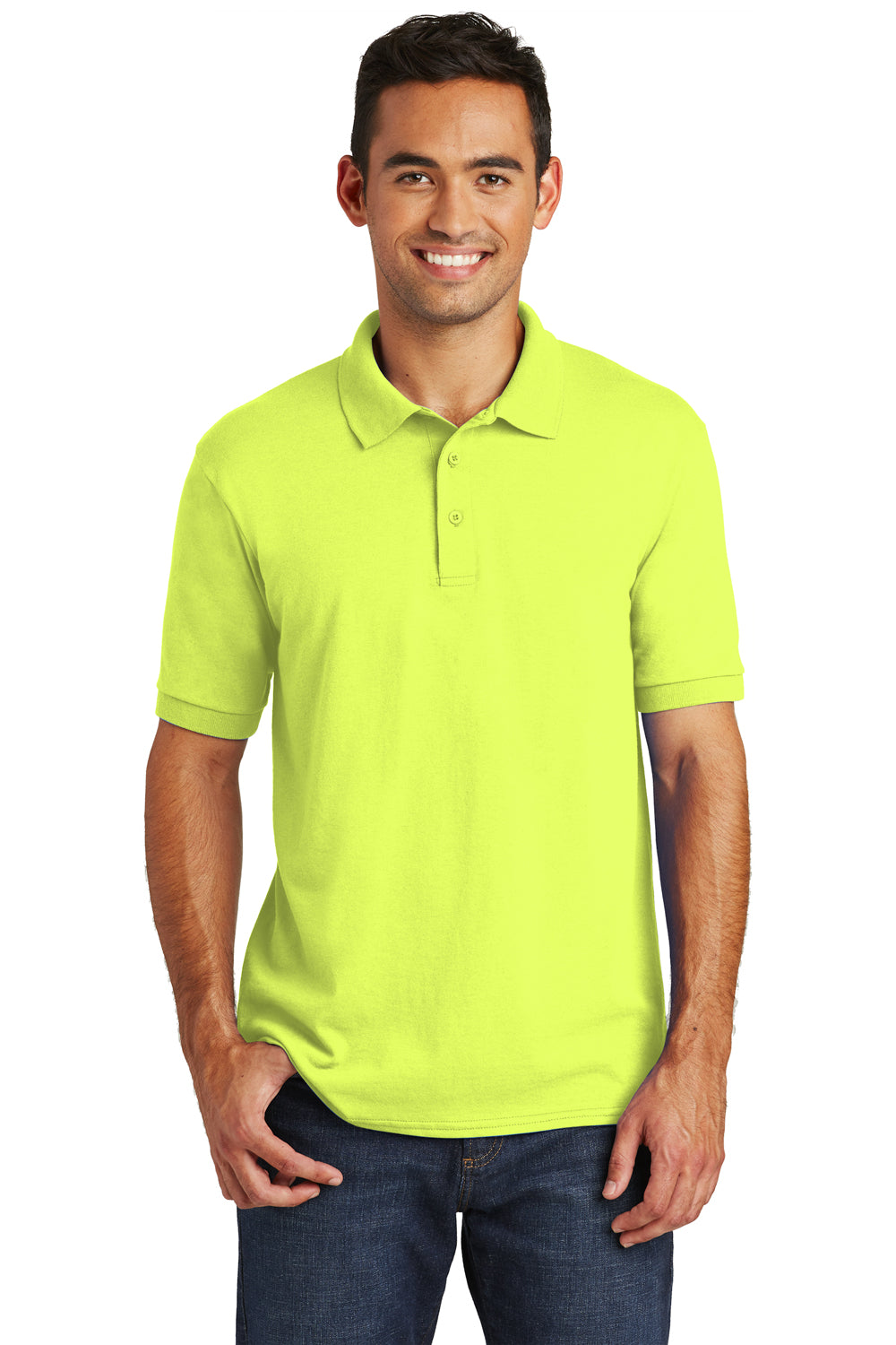 Port & Company KP55/KP55T Mens Core Stain Resistant Short Sleeve Polo Shirt Safety Green Model Front