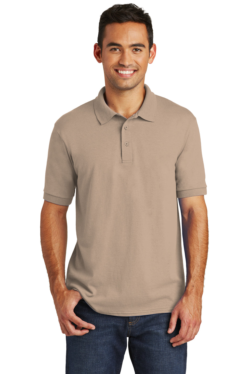 Port & Company KP55/KP55T Mens Core Stain Resistant Short Sleeve Polo Shirt Sand Model Front