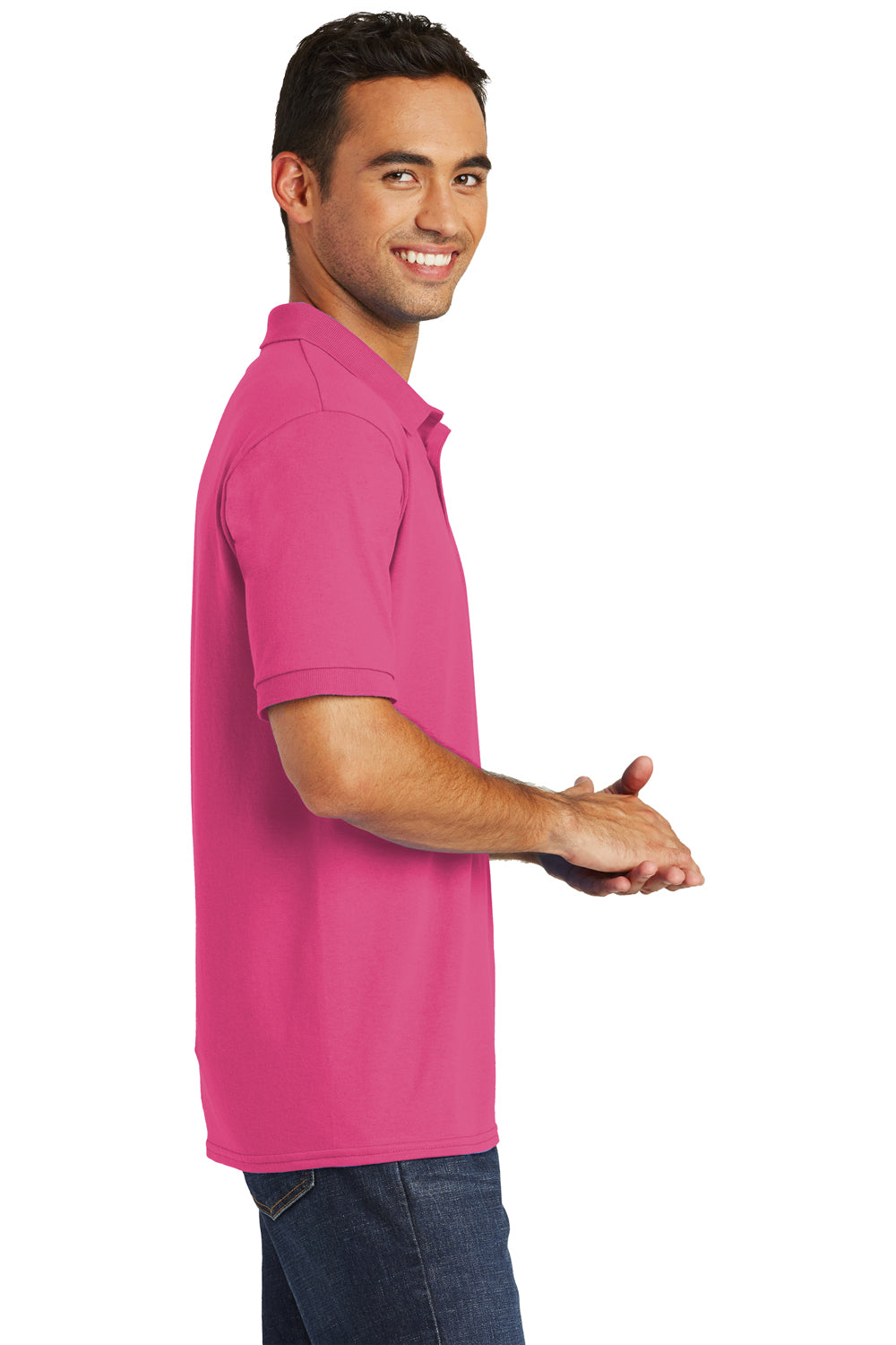 Port & Company KP55/KP55T Mens Core Stain Resistant Short Sleeve Polo Shirt Sangria Pink Model Side