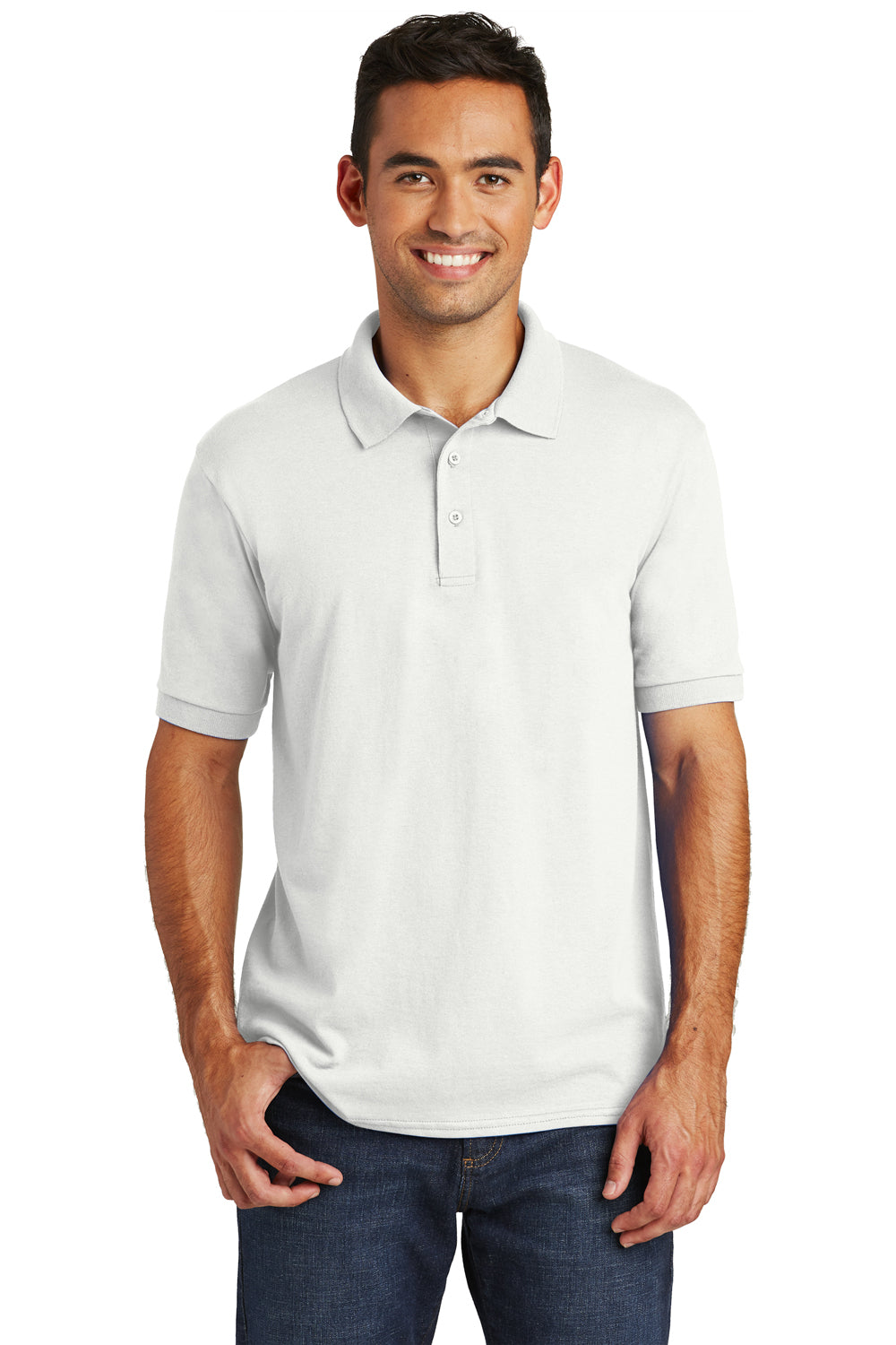 Port & Company KP55/KP55T Mens Core Stain Resistant Short Sleeve Polo Shirt White Model Front