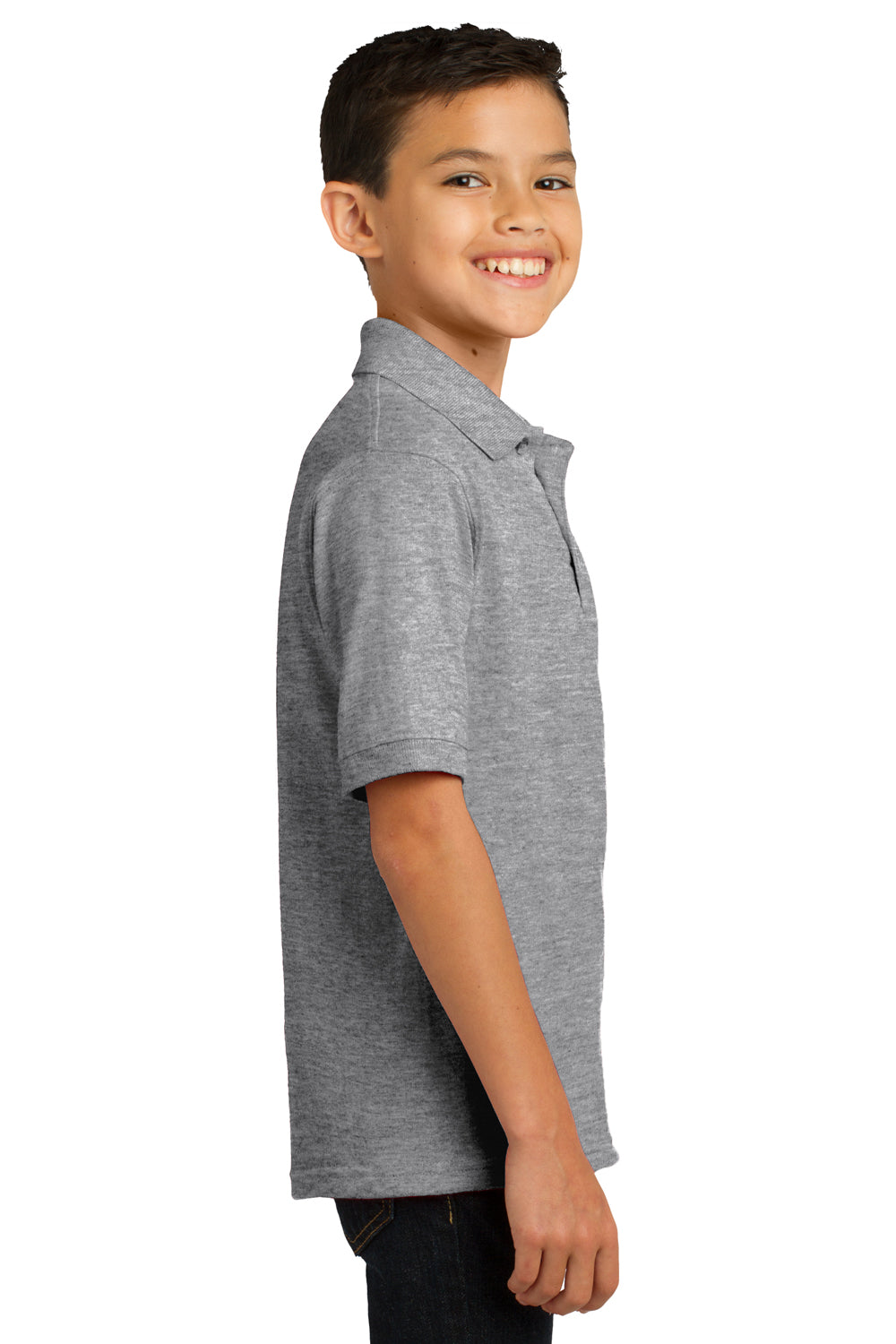 Port & Company KP55Y Youth Core Stain Resistant Short Sleeve Polo Shirt Heather Grey Model Side