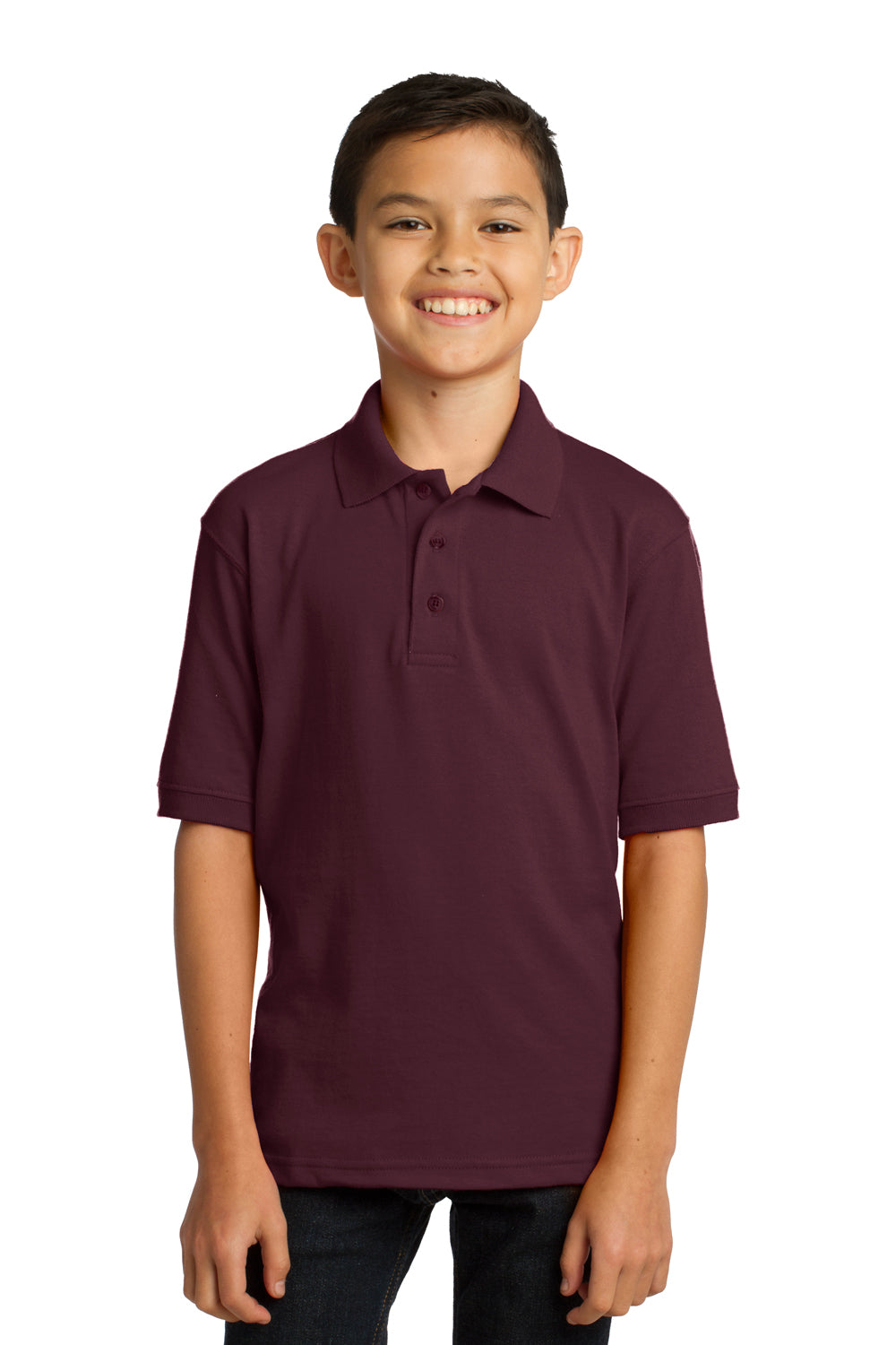 Port & Company KP55Y Youth Core Stain Resistant Short Sleeve Polo Shirt Athletic Maroon Model Front