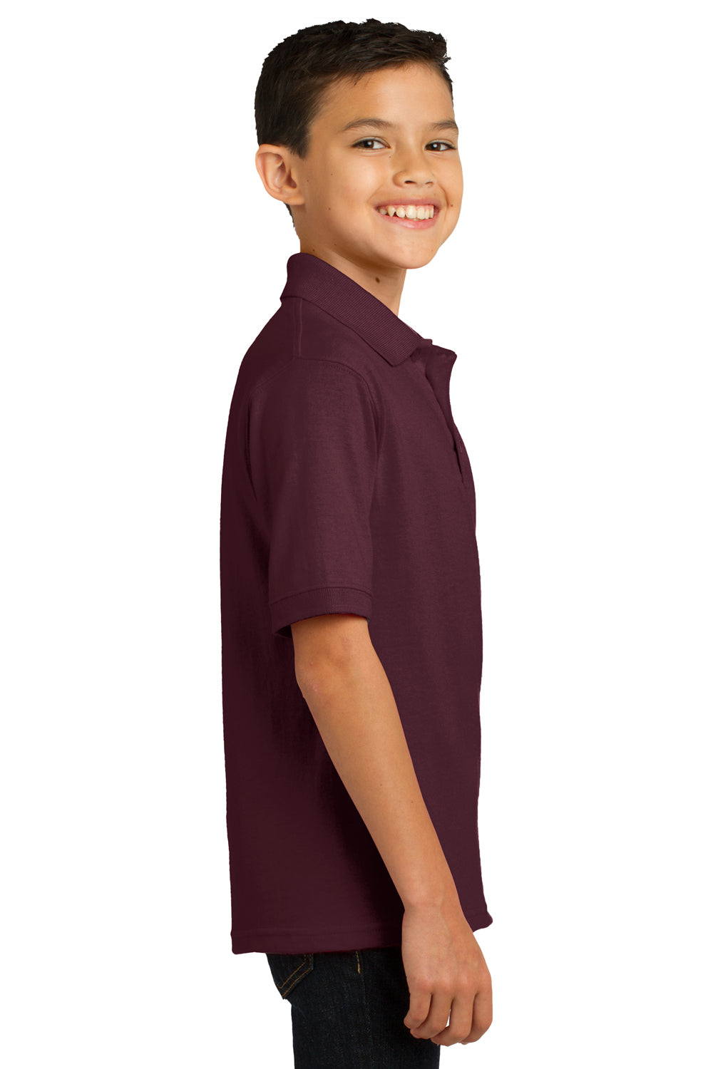 Port & Company KP55Y Youth Core Stain Resistant Short Sleeve Polo Shirt Athletic Maroon Model Side