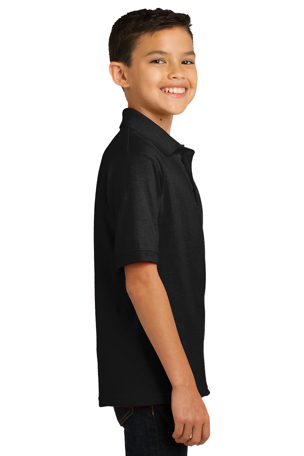 Port & Company KP55Y Youth Core Stain Resistant Short Sleeve Polo Shirt Jet Black Model Side