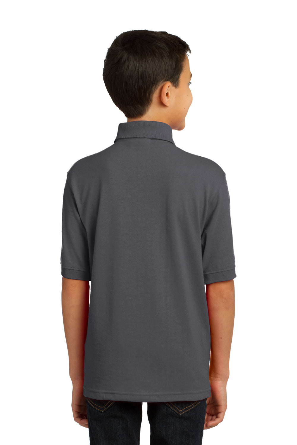 Port & Company KP55Y Youth Core Stain Resistant Short Sleeve Polo Shirt Charcoal Grey Model Back