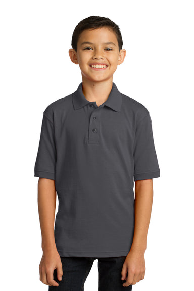 Port & Company KP55Y Youth Core Stain Resistant Short Sleeve Polo Shirt Charcoal Grey Model Front