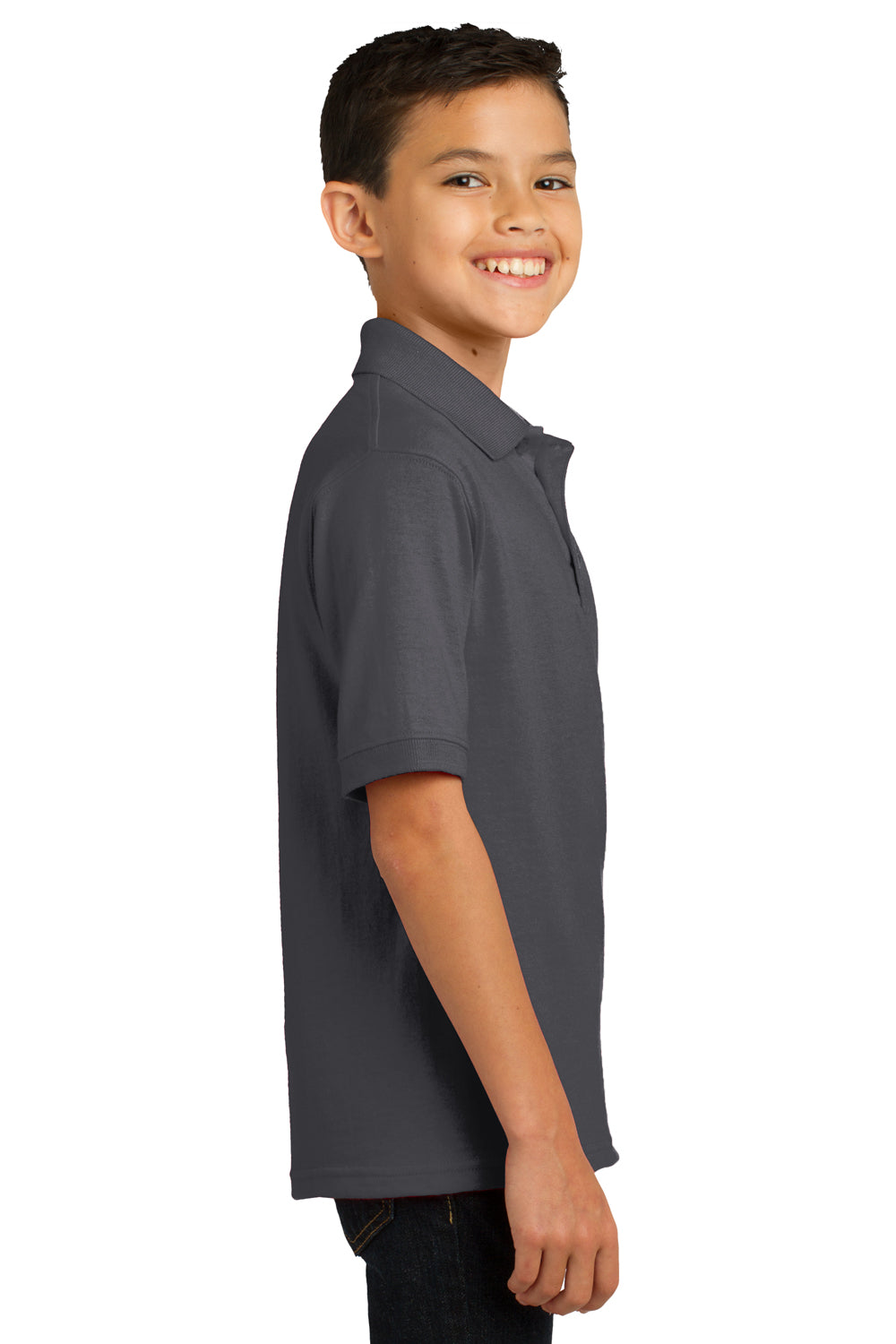 Port & Company KP55Y Youth Core Stain Resistant Short Sleeve Polo Shirt Charcoal Grey Model Side