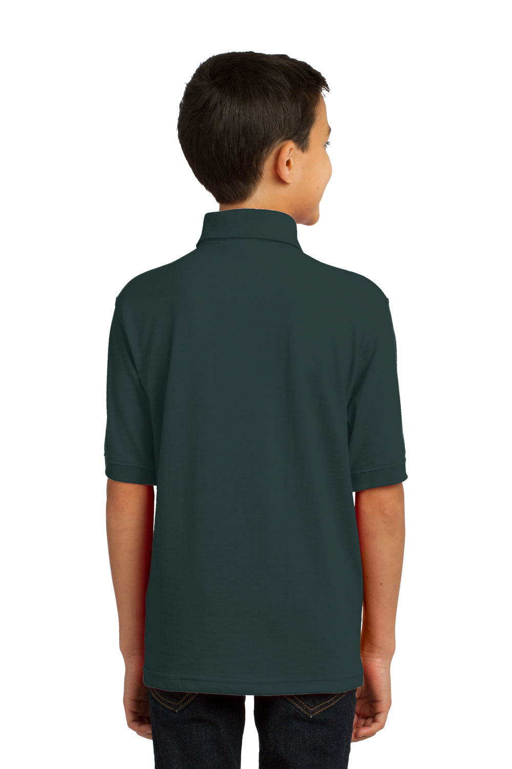 Port & Company KP55Y Youth Core Stain Resistant Short Sleeve Polo Shirt Dark Green Model Back