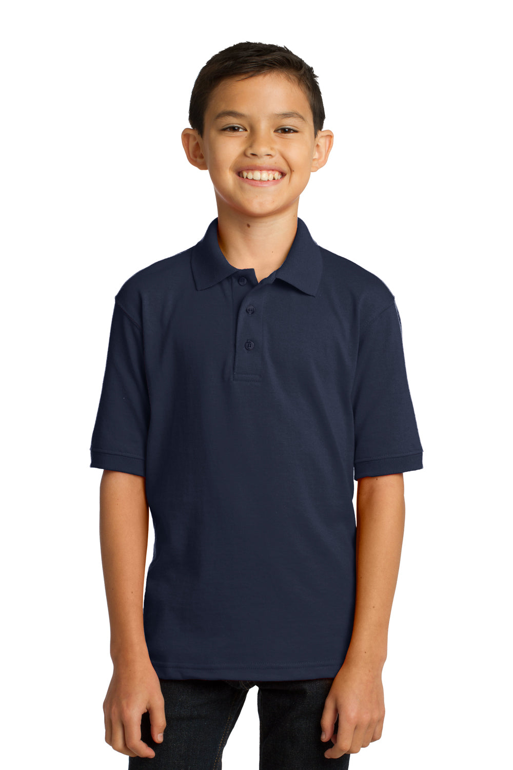 Port & Company KP55Y Youth Core Stain Resistant Short Sleeve Polo Shirt Deep Navy Blue Model Front