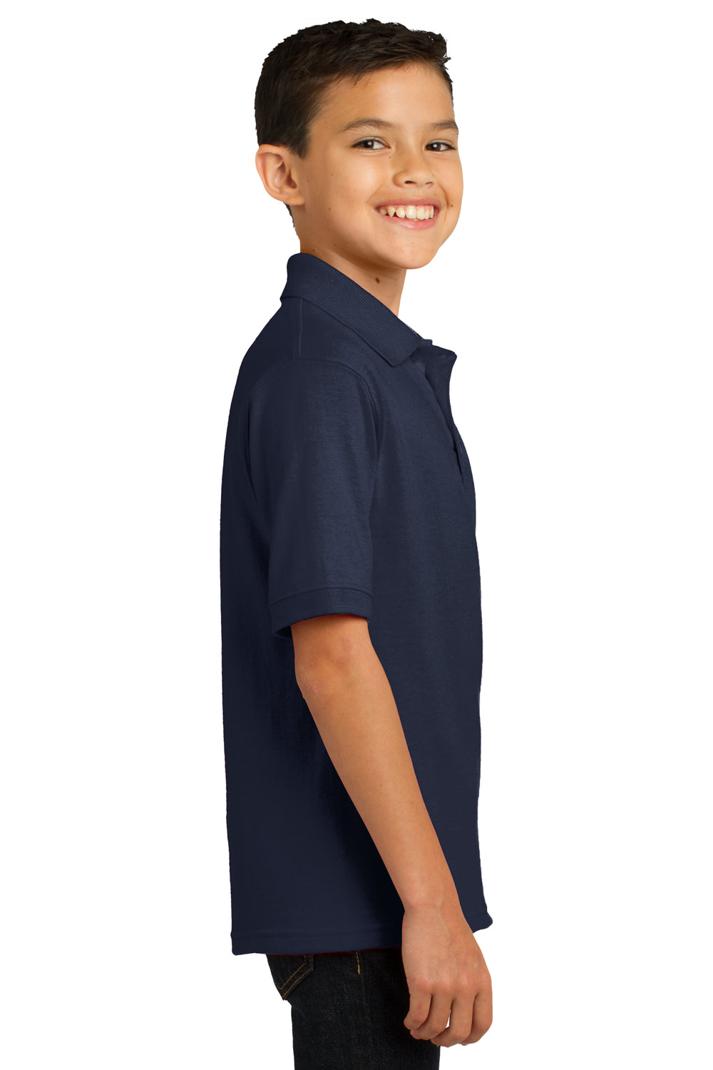 Port & Company KP55Y Youth Core Stain Resistant Short Sleeve Polo Shirt Deep Navy Blue Model Side