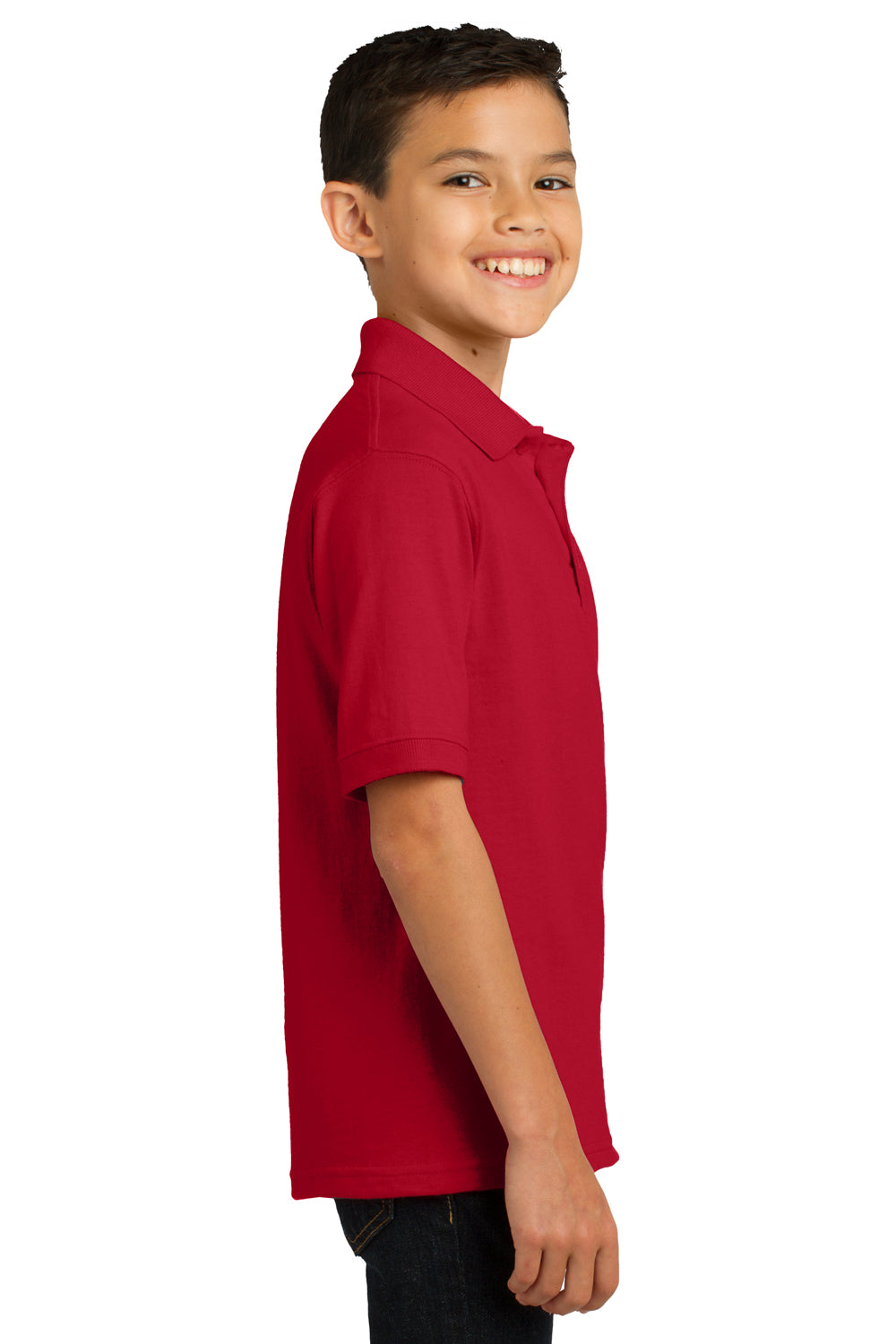 Port & Company KP55Y Youth Core Stain Resistant Short Sleeve Polo Shirt Red Model Side