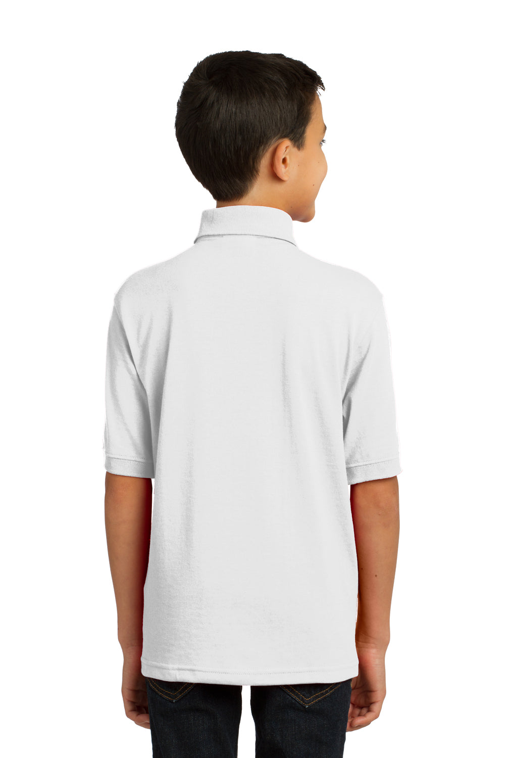 Port & Company KP55Y Youth Core Stain Resistant Short Sleeve Polo Shirt White Model Back