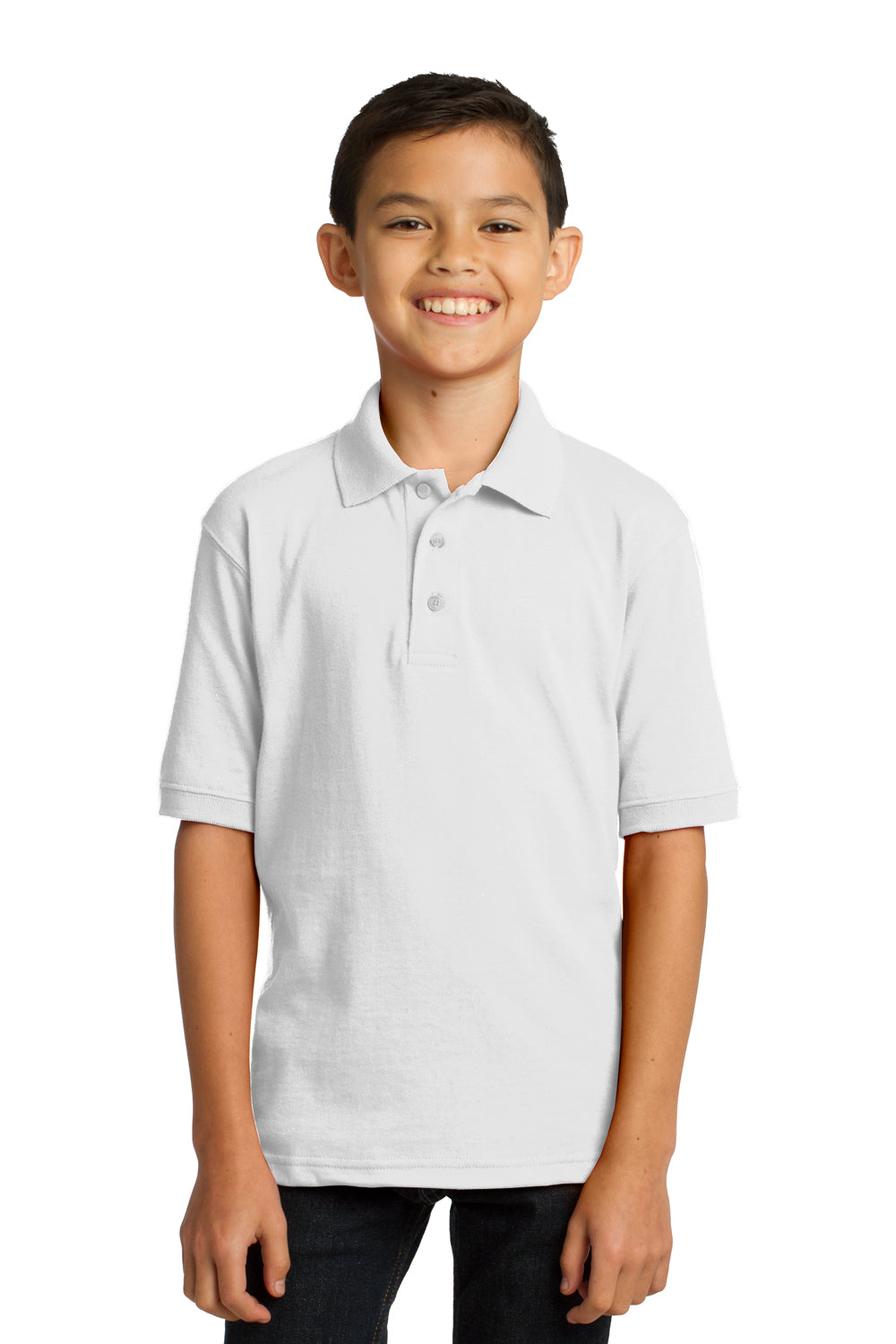 Port & Company KP55Y Youth Core Stain Resistant Short Sleeve Polo Shirt White Model Front