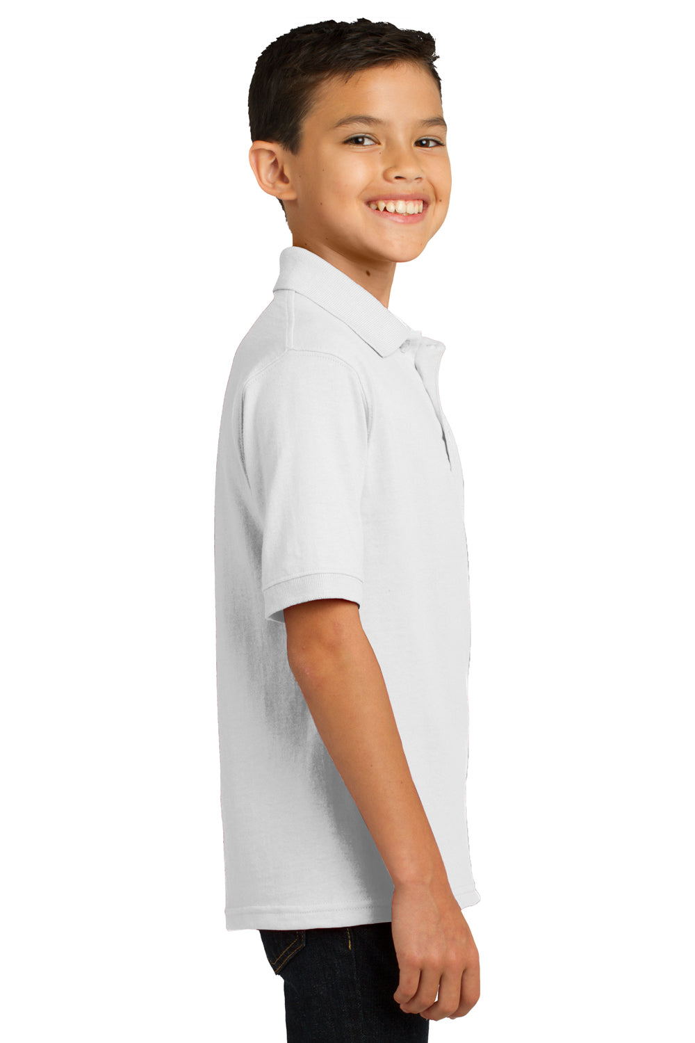 Port & Company KP55Y Youth Core Stain Resistant Short Sleeve Polo Shirt White Model Side