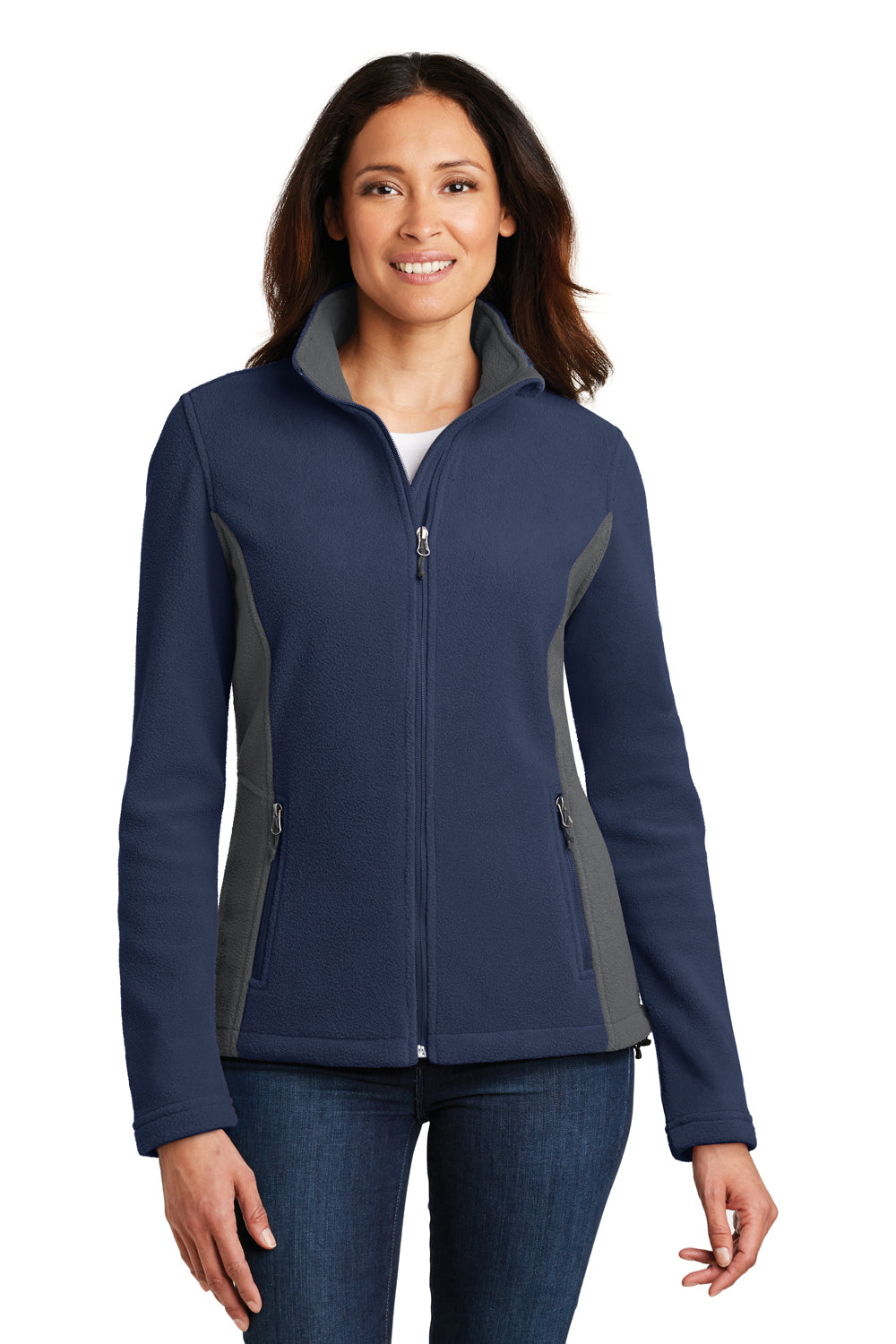 Port Authority L216 Womens Full Zip Fleece Jacket True Navy Blue/Battleship Grey Model Front