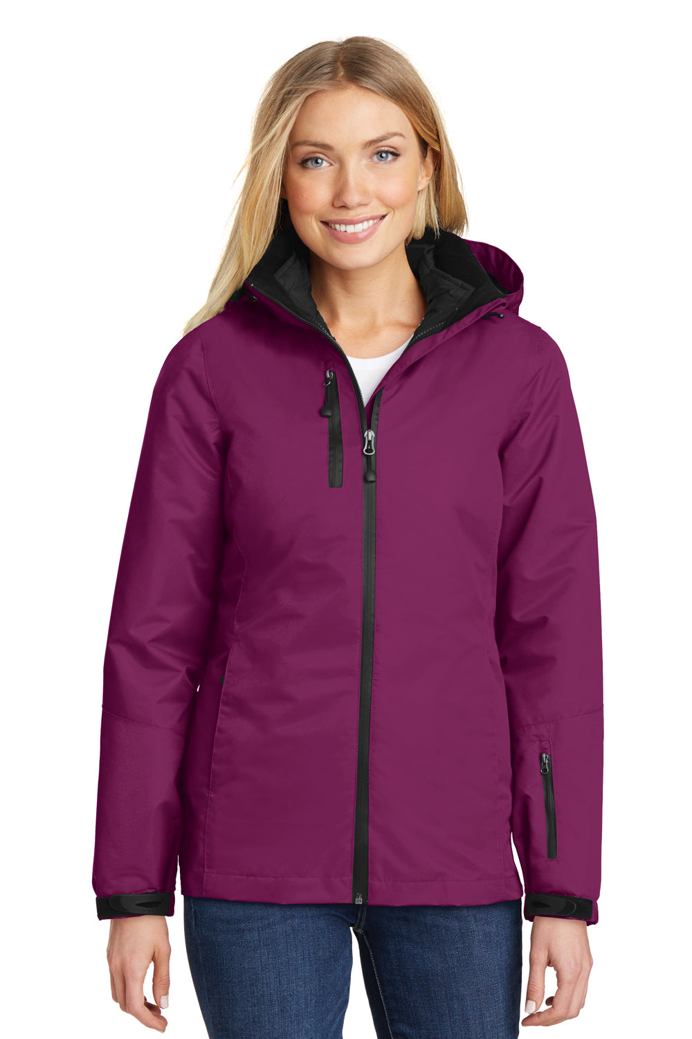 Port Authority L332 Womens Vortex 3-in-1 Waterproof Full Zip Hooded Jacket Very Berry Purple/Black Model Front