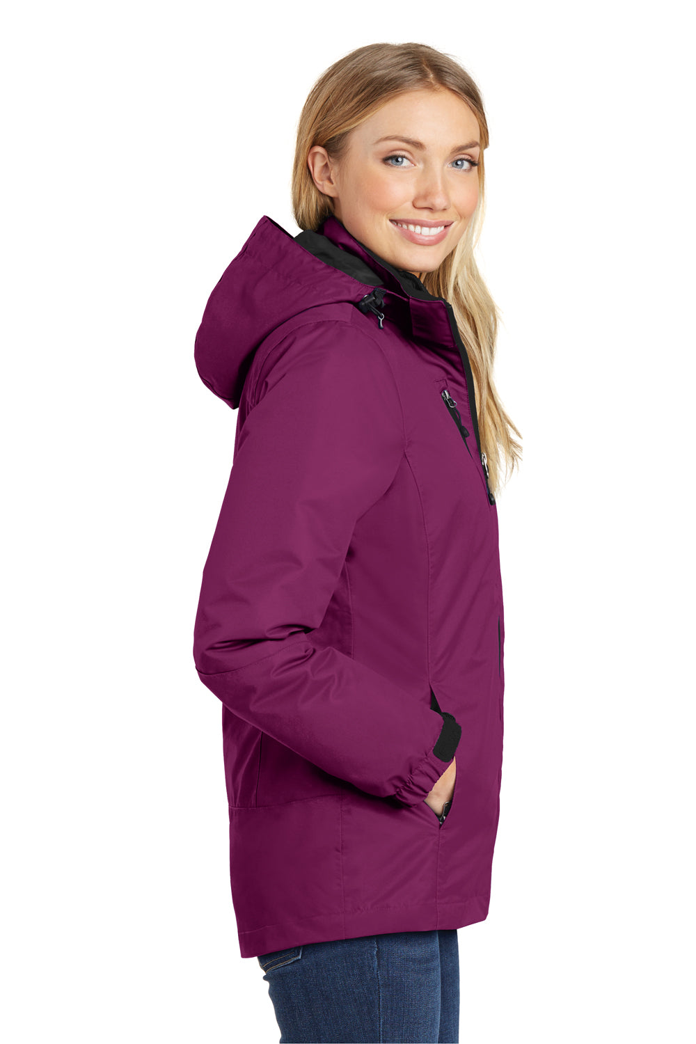 Port Authority L332 Womens Vortex 3-in-1 Waterproof Full Zip Hooded Jacket Very Berry Purple/Black Model Side