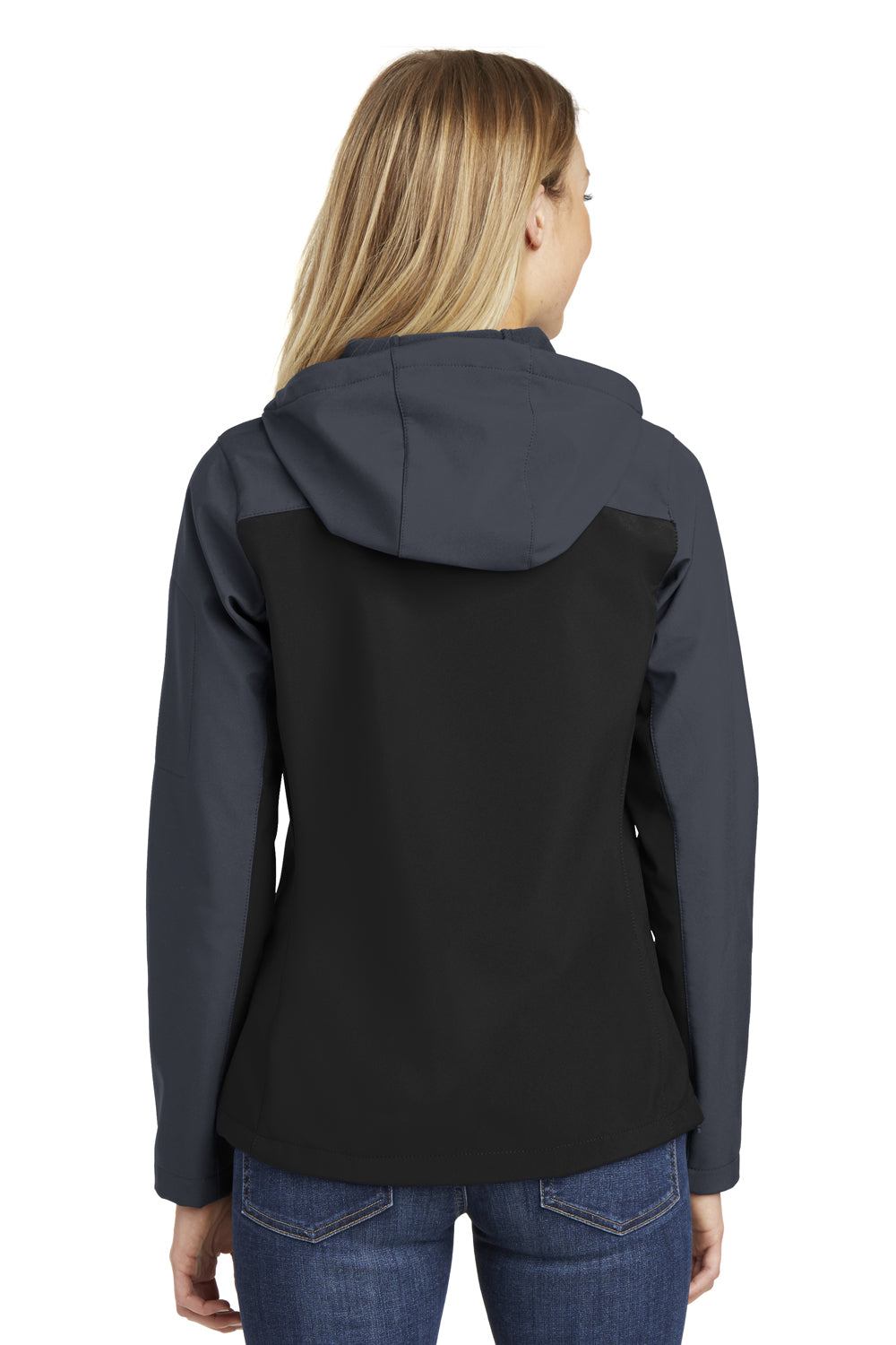 Port Authority L335 Womens Core Wind & Water Resistant Full Zip Hooded Jacket Black/Battleship Grey Model Back