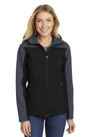 Port Authority L335 Womens Core Wind & Water Resistant Full Zip Hooded Jacket Black/Battleship Grey Model Front