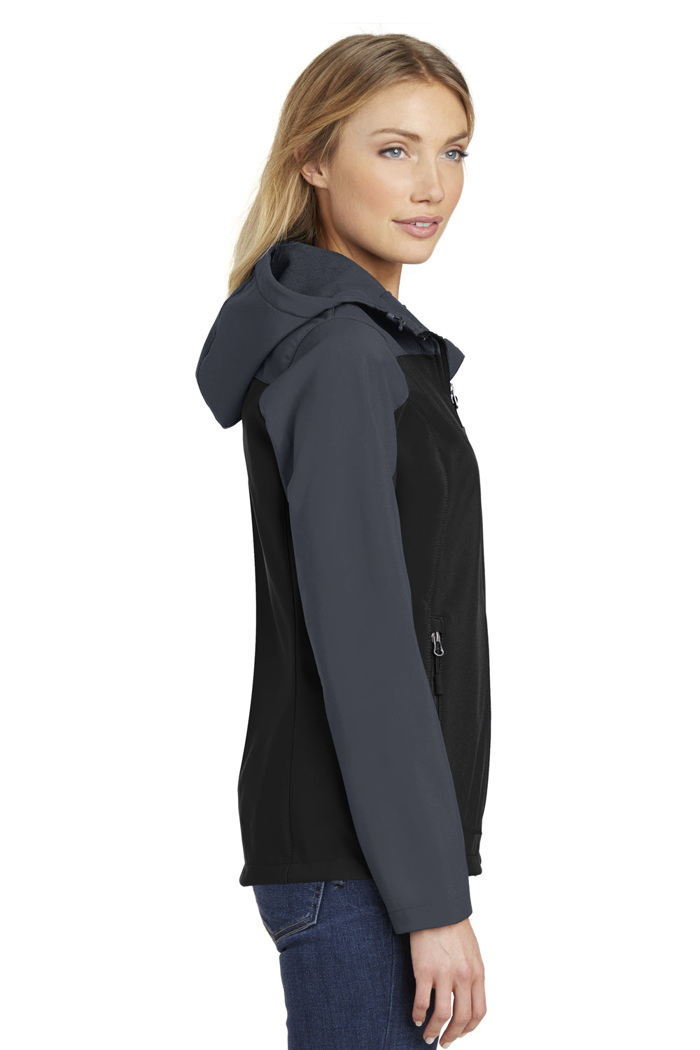 Port Authority L335 Womens Core Wind & Water Resistant Full Zip Hooded Jacket Black/Battleship Grey Model Side