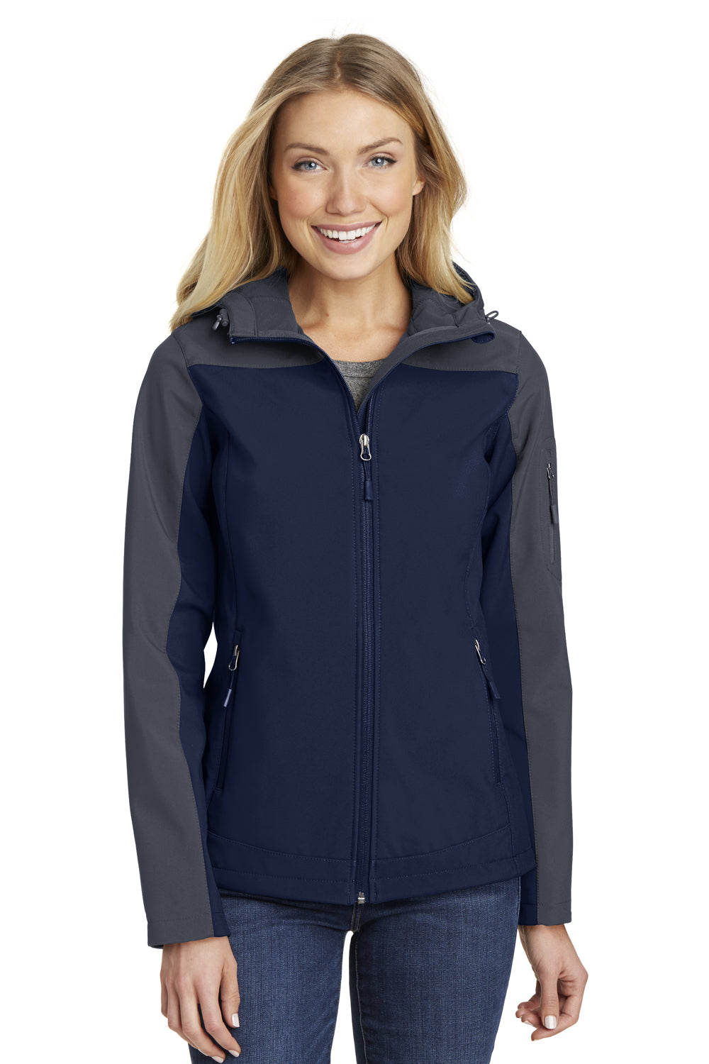 Port Authority L335 Womens Core Wind & Water Resistant Full Zip Hooded Jacket Dress Navy Blue/Battleship Grey Model Front