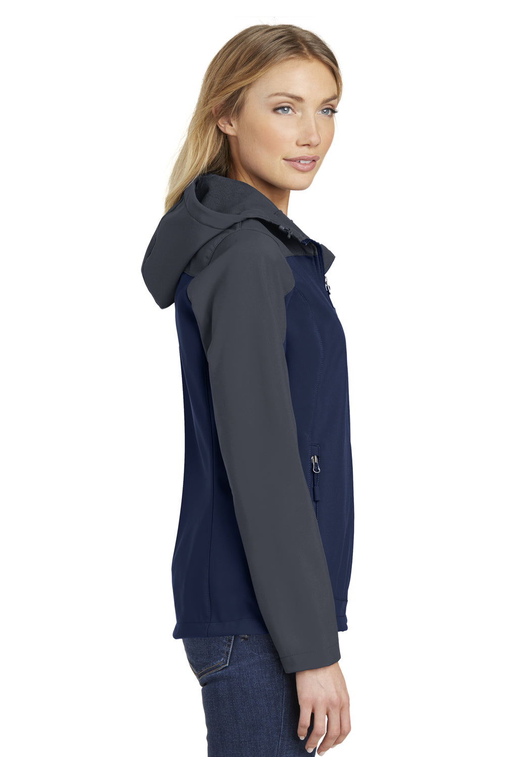 Port Authority L335 Womens Core Wind & Water Resistant Full Zip Hooded Jacket Dress Navy Blue/Battleship Grey Model Side