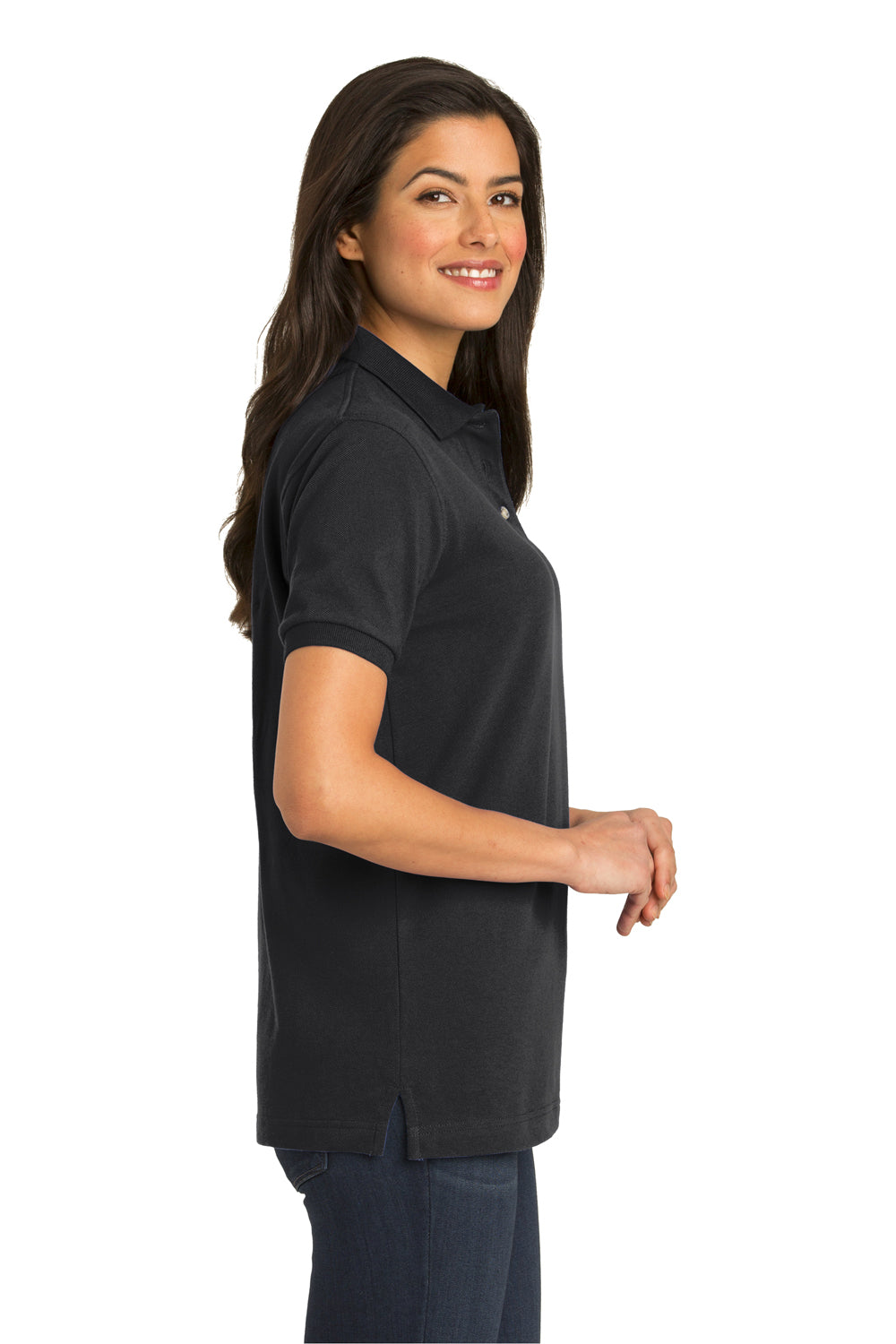 Port Authority L420 Womens Shrink Resistant Short Sleeve Polo Shirt Black Model Side