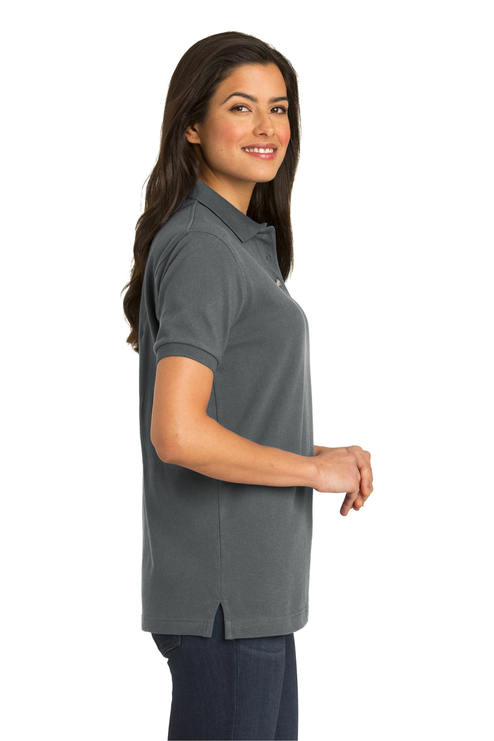 Port Authority L420 Womens Shrink Resistant Short Sleeve Polo Shirt Steel Grey Model Side