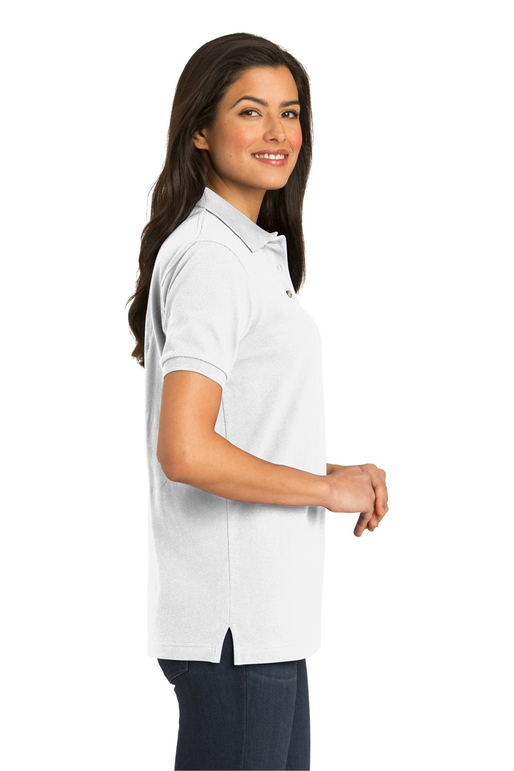 Port Authority L420 Womens Shrink Resistant Short Sleeve Polo Shirt White Model Side