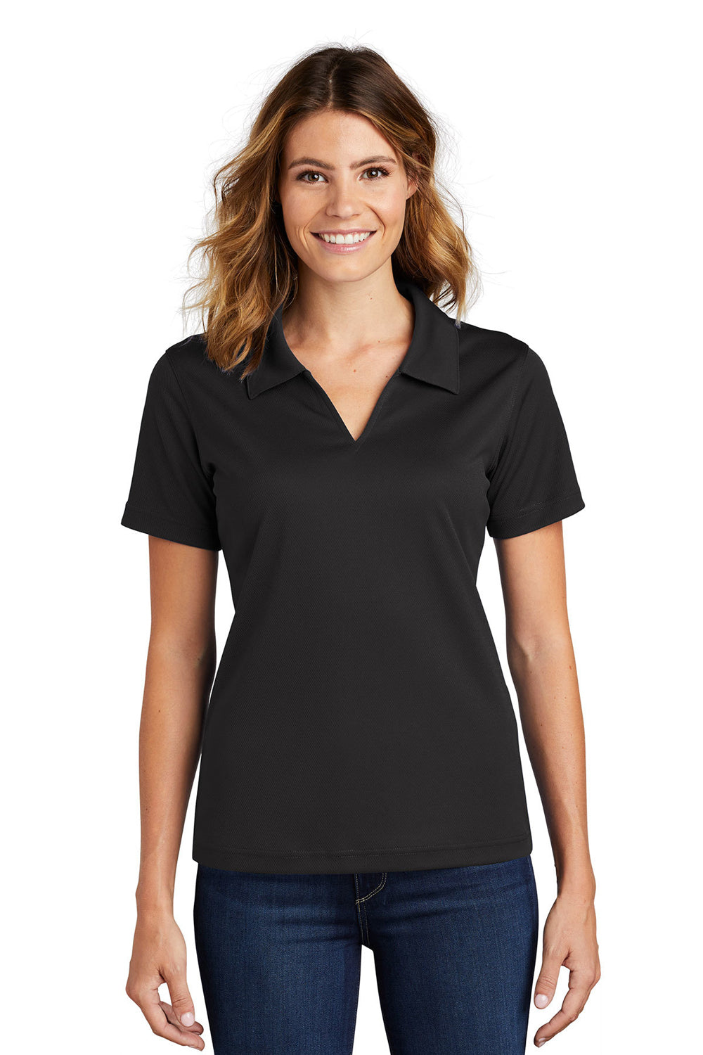 Sport-Tek L469 Womens Dri-Mesh Moisture Wicking Short Sleeve Polo Shirt Black Model Front