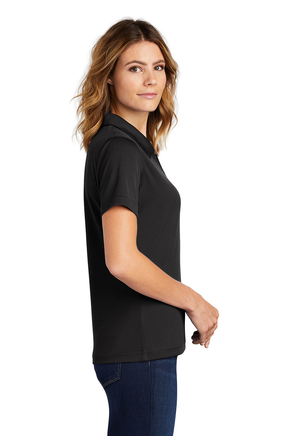 Sport-Tek L469 Womens Dri-Mesh Moisture Wicking Short Sleeve Polo Shirt Black Model Side