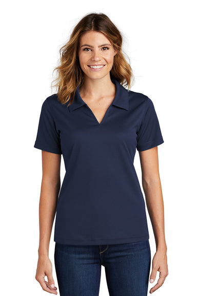 Sport-Tek L469 Womens Dri-Mesh Moisture Wicking Short Sleeve Polo Shirt Navy Blue Model Front