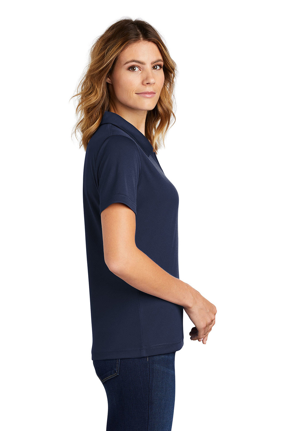 Sport-Tek L469 Womens Dri-Mesh Moisture Wicking Short Sleeve Polo Shirt Navy Blue Model Side